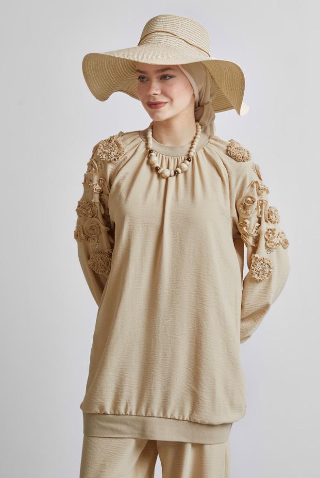 Tesettür giyim BEJ GENİŞ PAÇA PANTOLONLU TAKIM 44698 - ALVİNA