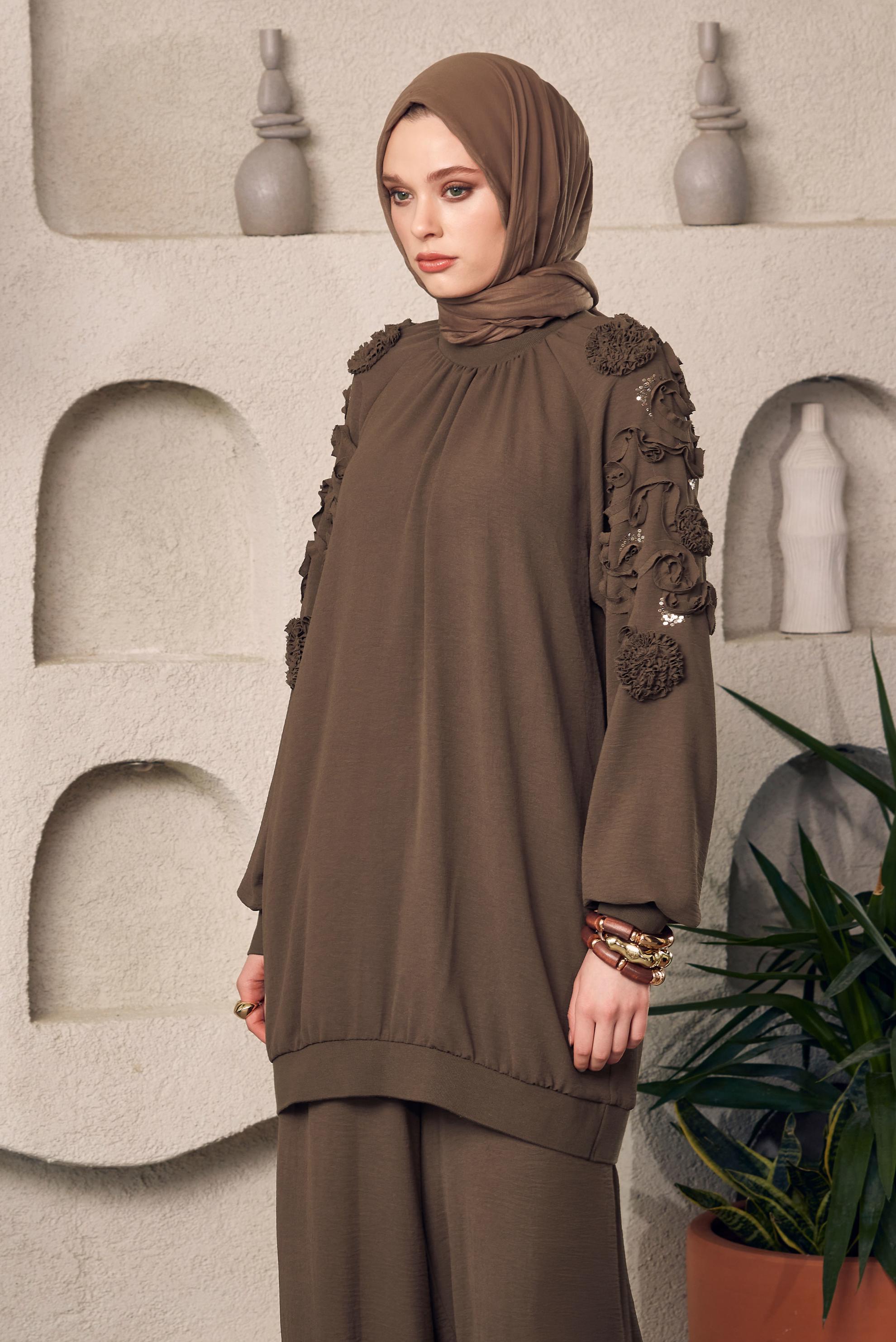 Tesettür giyim KAHVE GENİŞ PAÇA PANTOLONLU TAKIM 44698