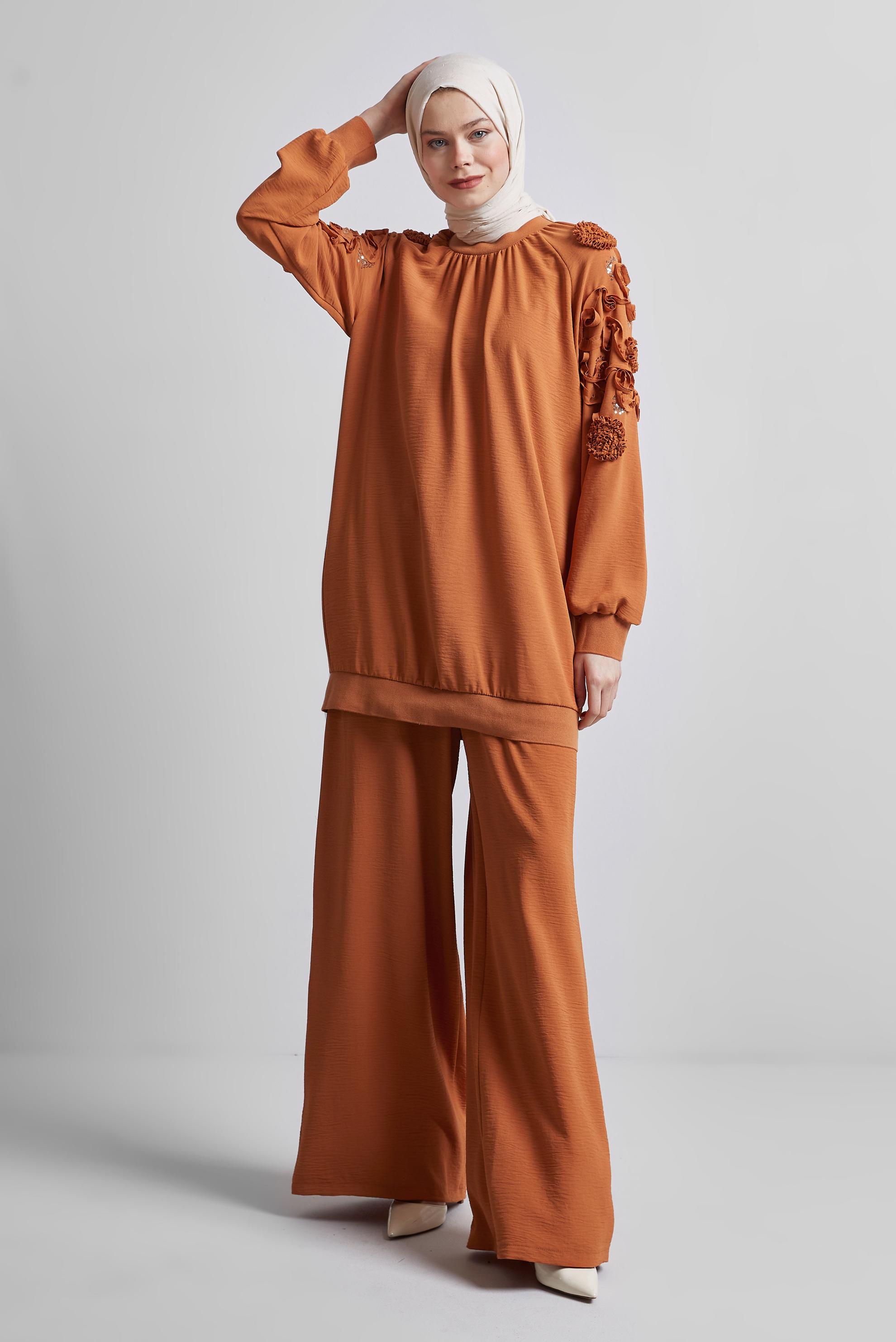Tesettür giyim KAHVE GENİŞ PAÇA PANTOLONLU TAKIM 44698