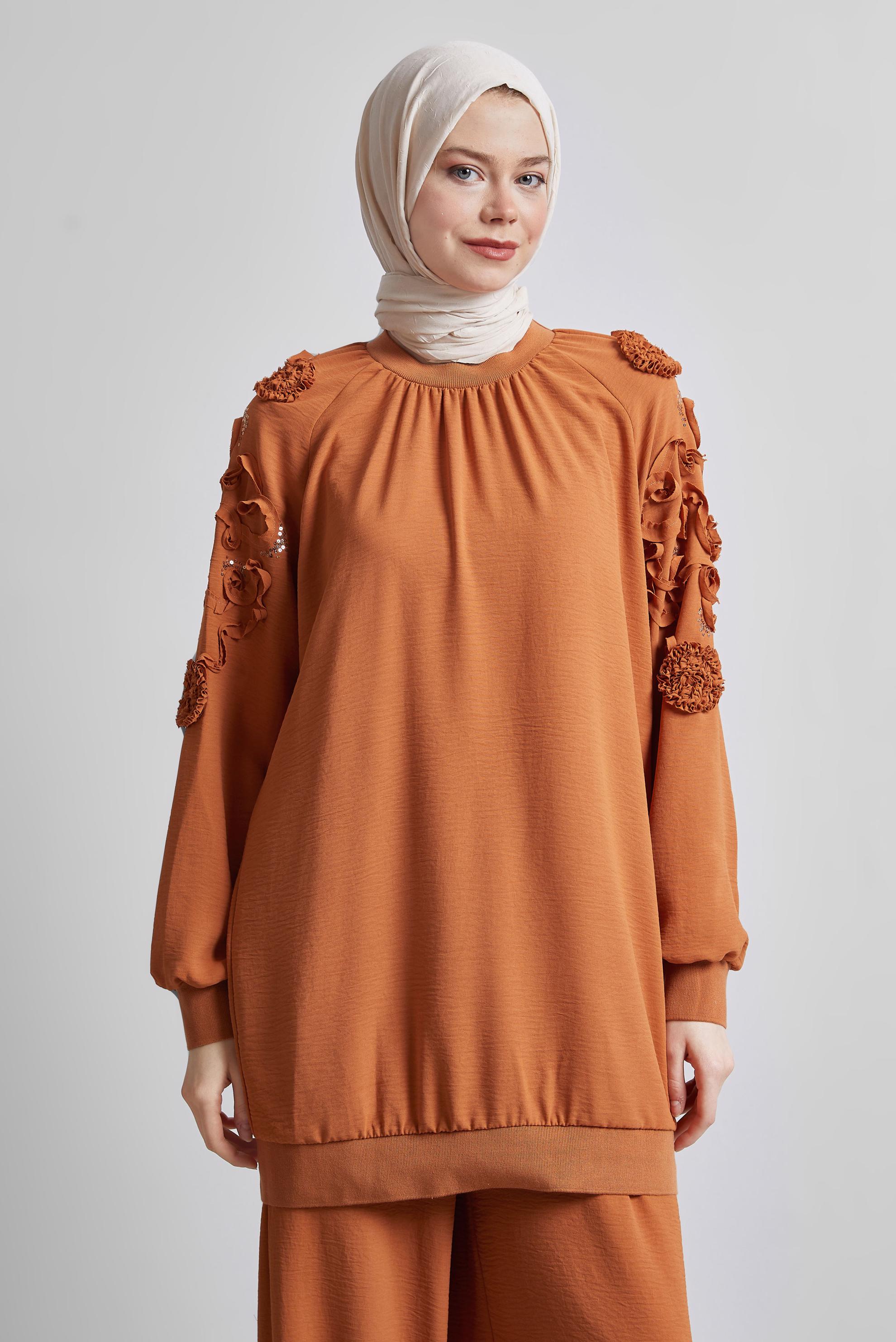 Tesettür giyim KAHVE GENİŞ PAÇA PANTOLONLU TAKIM 44698