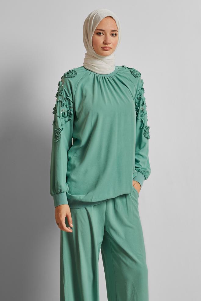 Tesettür giyim YEŞİL GENİŞ PAÇA PANTOLONLU TAKIM 44698 - ALVİNA