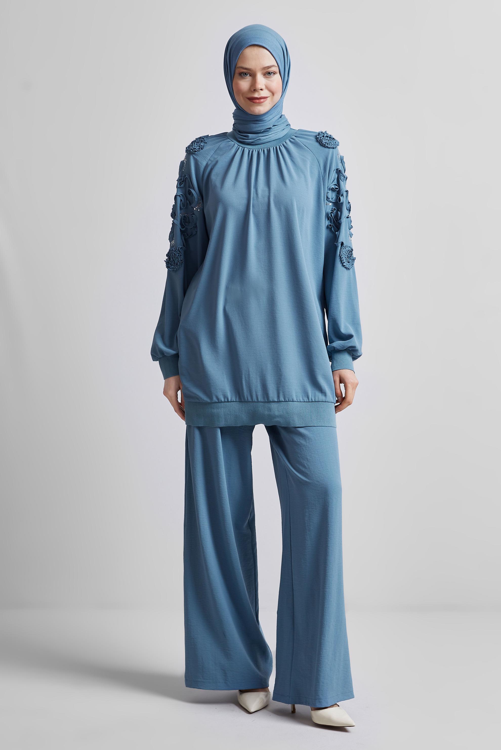 Tesettür giyim MAVİ GENİŞ PAÇA PANTOLONLU TAKIM 44698