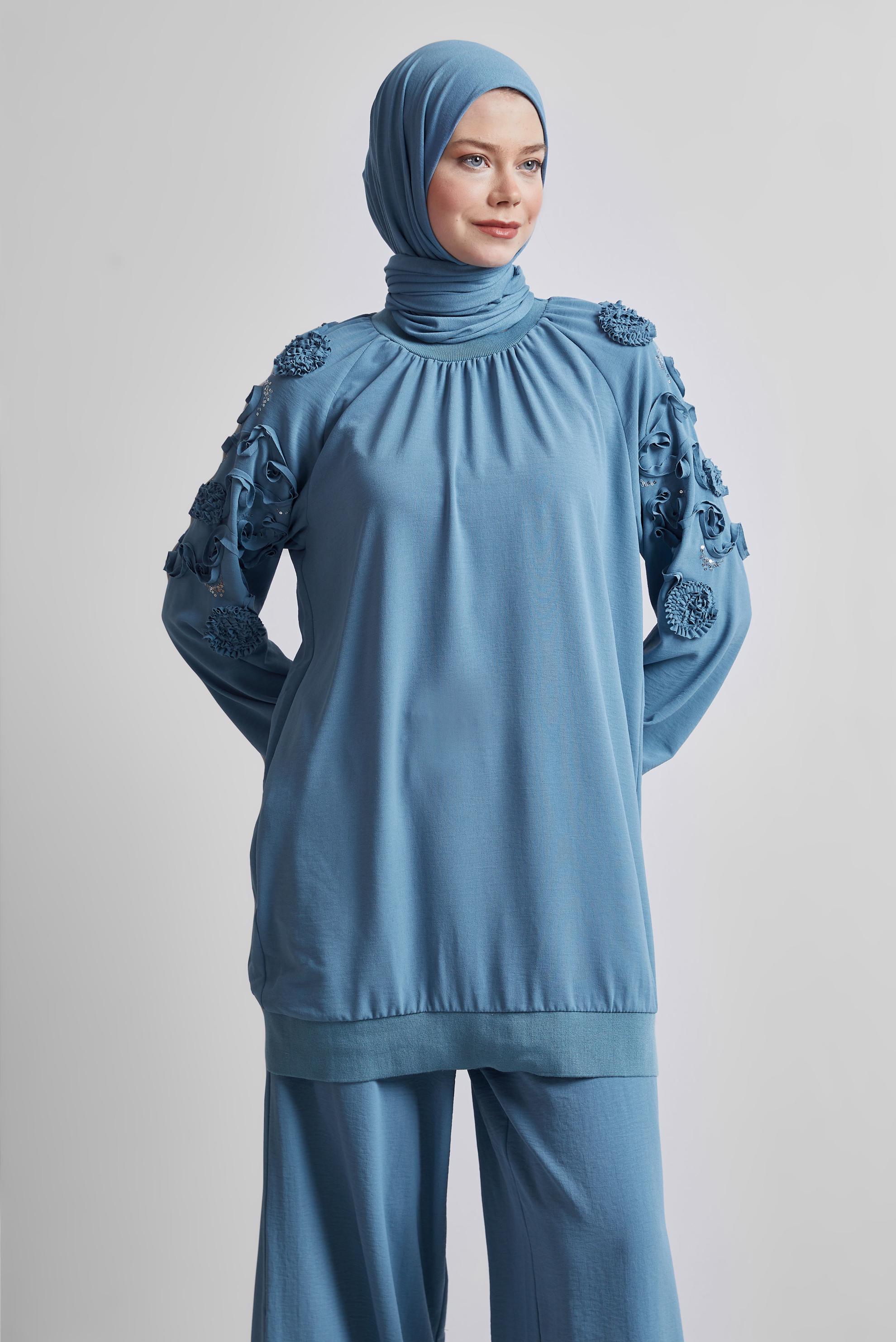 Tesettür giyim MAVİ GENİŞ PAÇA PANTOLONLU TAKIM 44698