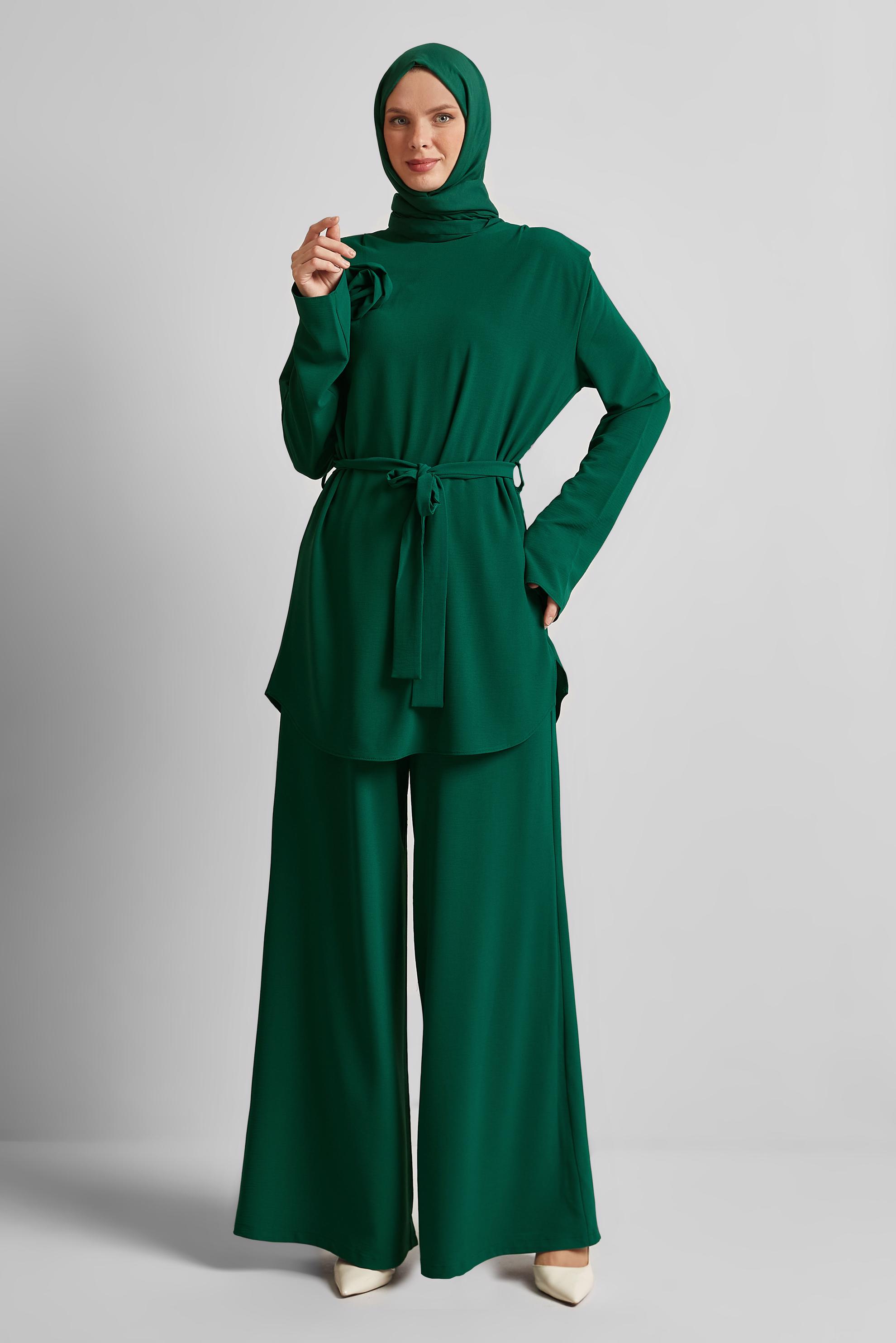 Tesettür giyim YEŞİL BROŞ DETAYLI PANTOLONLU TAKIM 44758