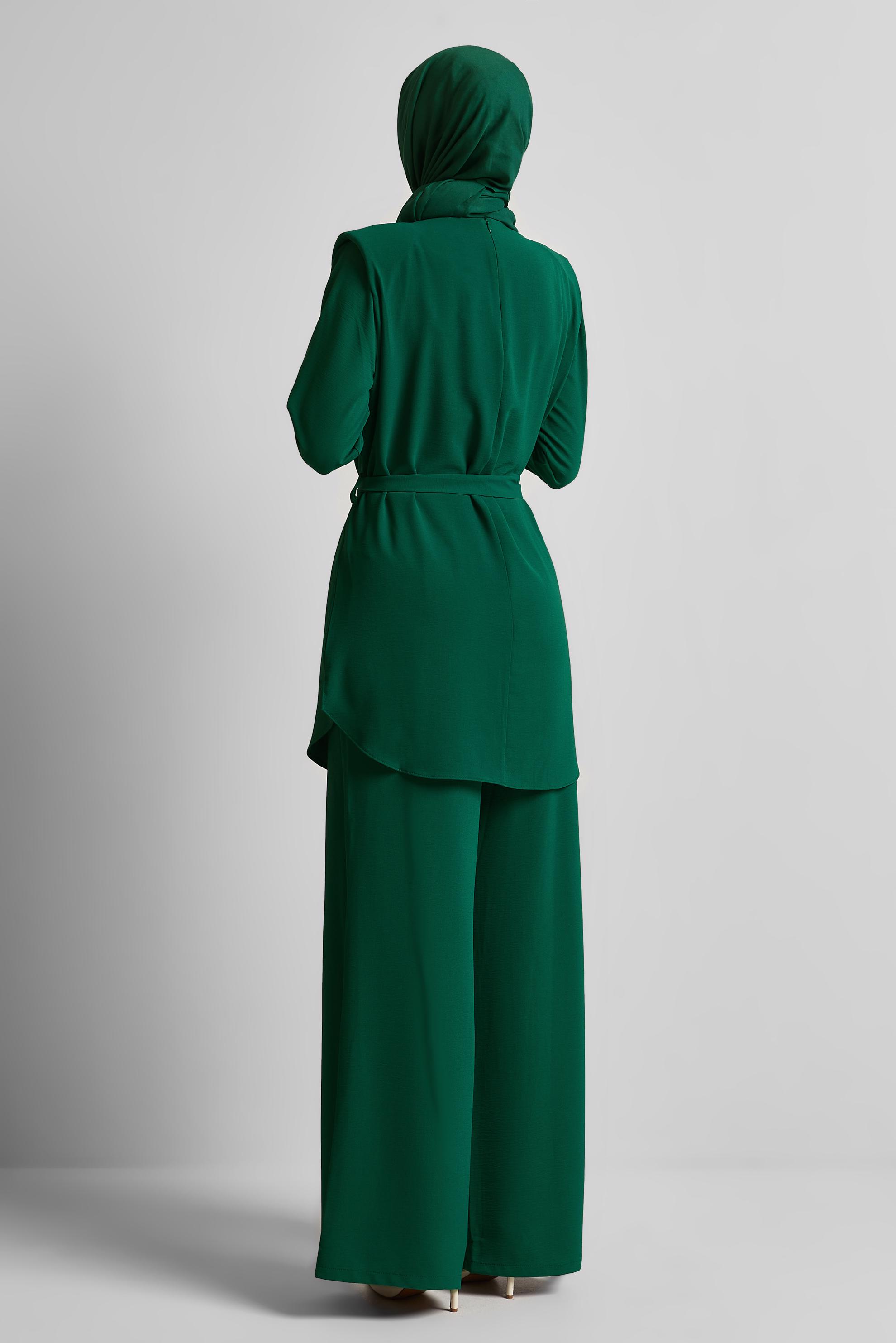 Tesettür giyim YEŞİL BROŞ DETAYLI PANTOLONLU TAKIM 44758