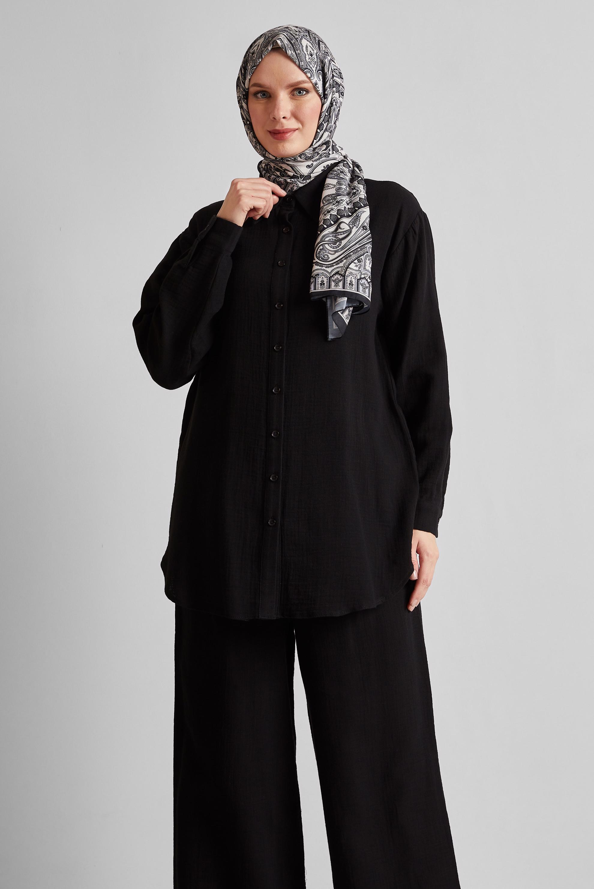 Tesettür giyim SİYAH PANTOLONLU MÜSLİN TAKIM 44777