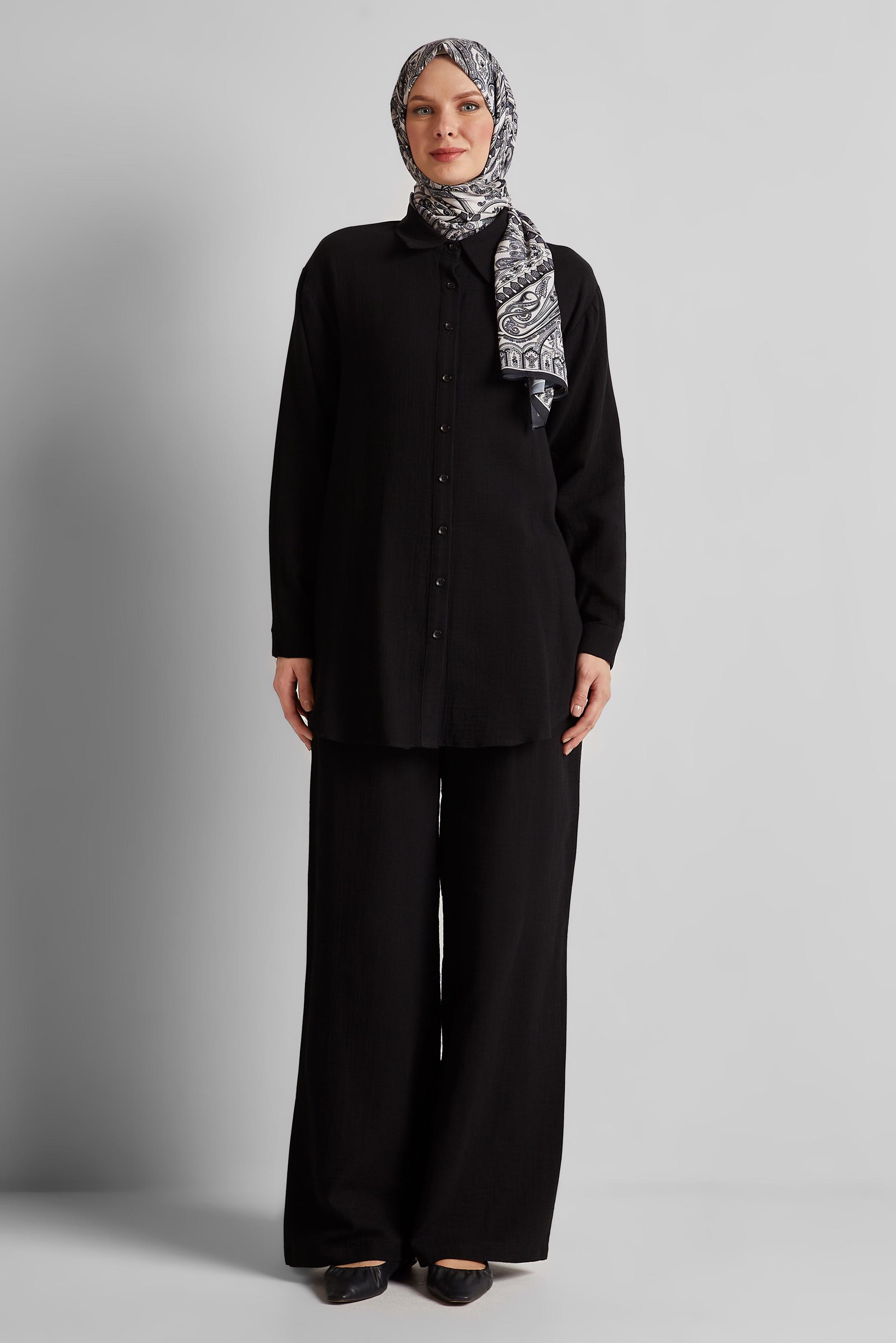 Tesettür giyim SİYAH PANTOLONLU MÜSLİN TAKIM 44777