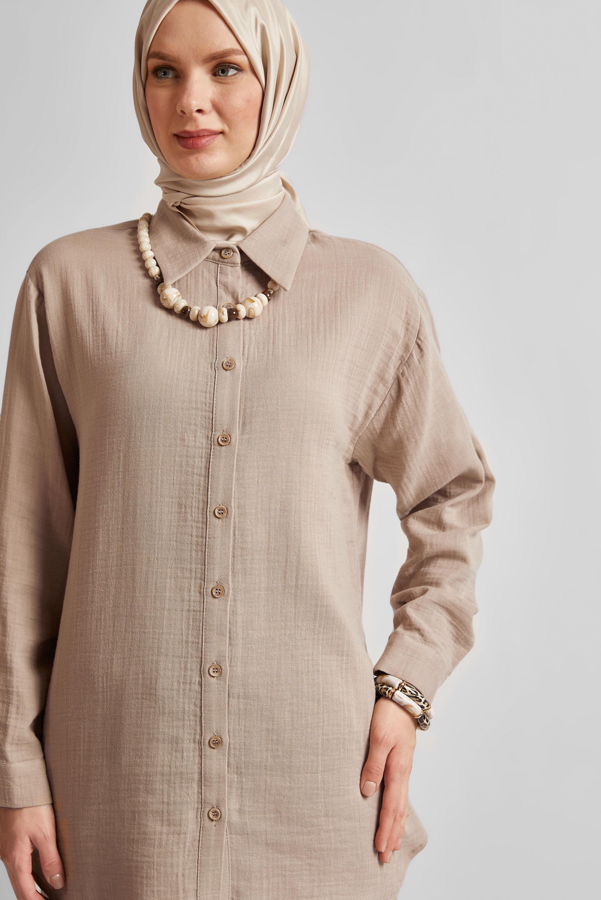 Tesettür giyim BEJ PANTOLONLU MÜSLİN TAKIM 44777