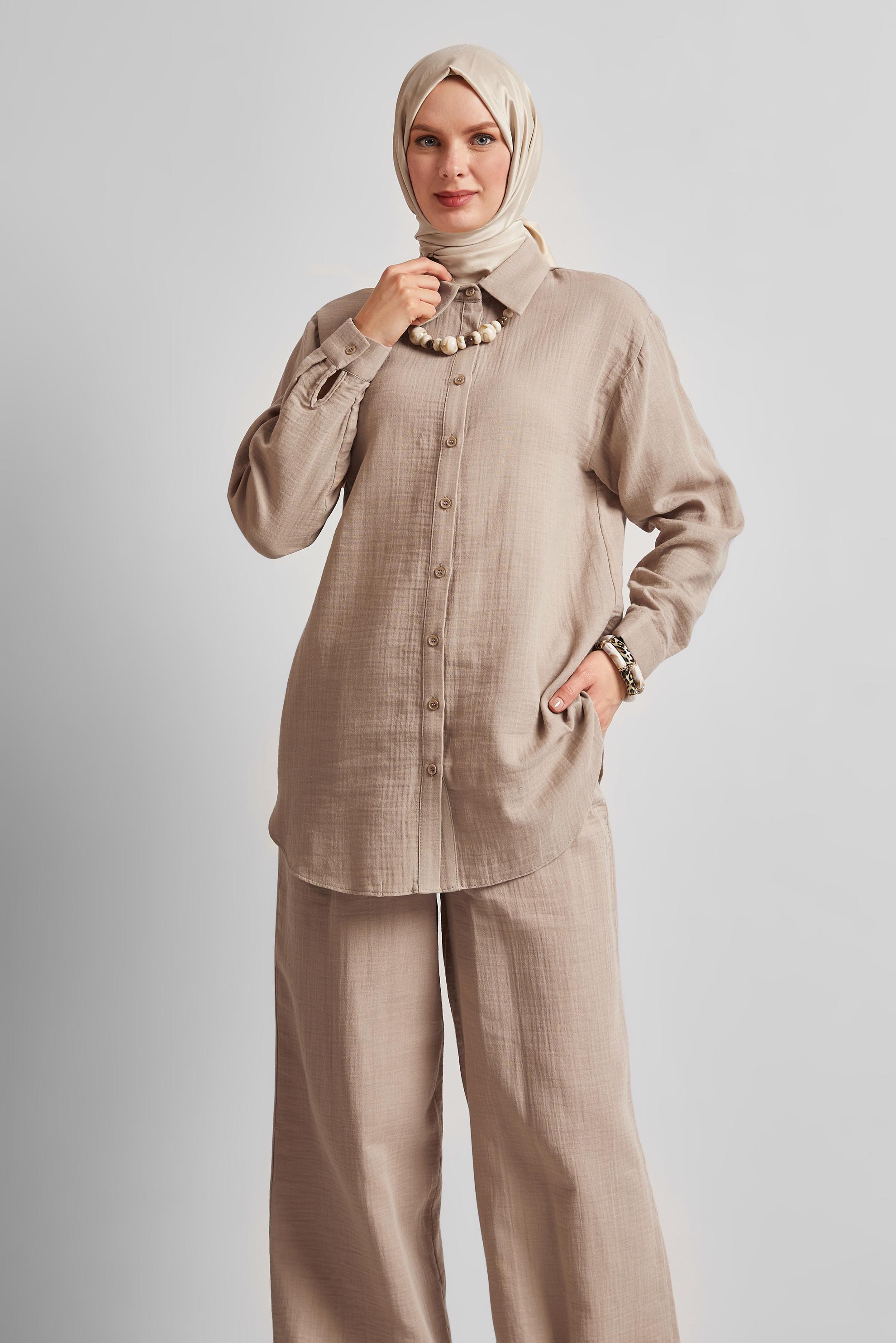 Tesettür giyim BEJ PANTOLONLU MÜSLİN TAKIM 44777
