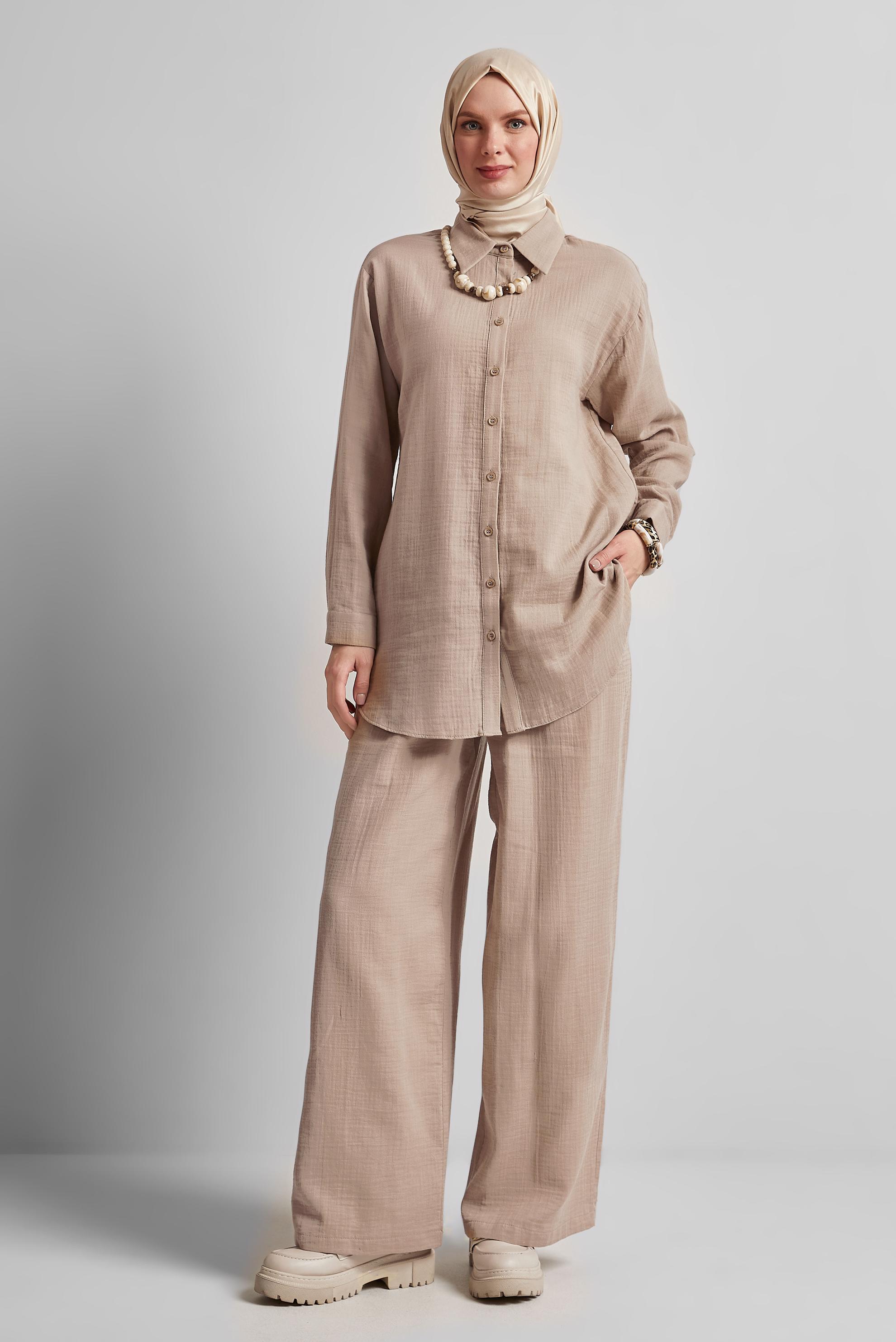 Tesettür giyim BEJ PANTOLONLU MÜSLİN TAKIM 44777