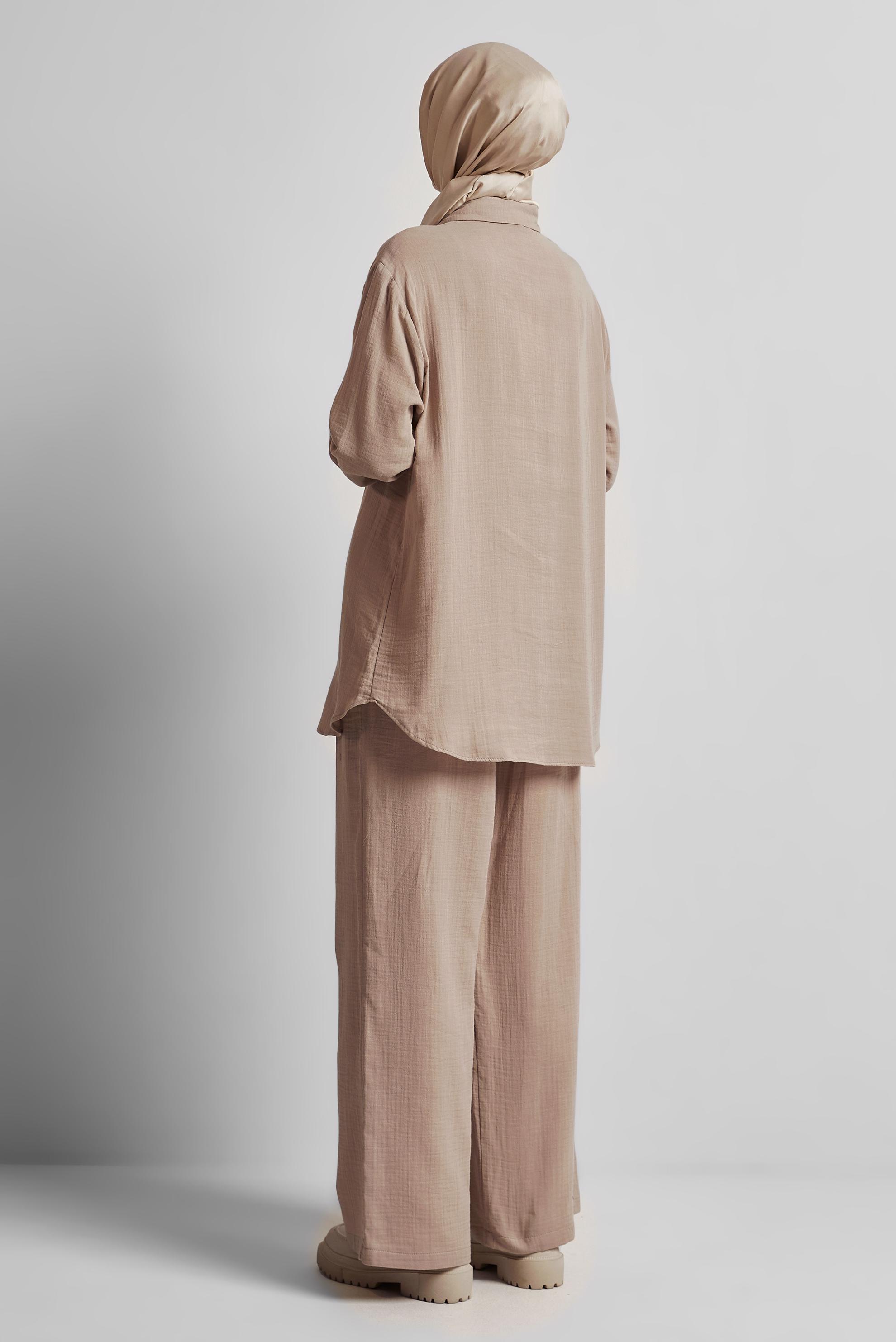 Tesettür giyim BEJ PANTOLONLU MÜSLİN TAKIM 44777