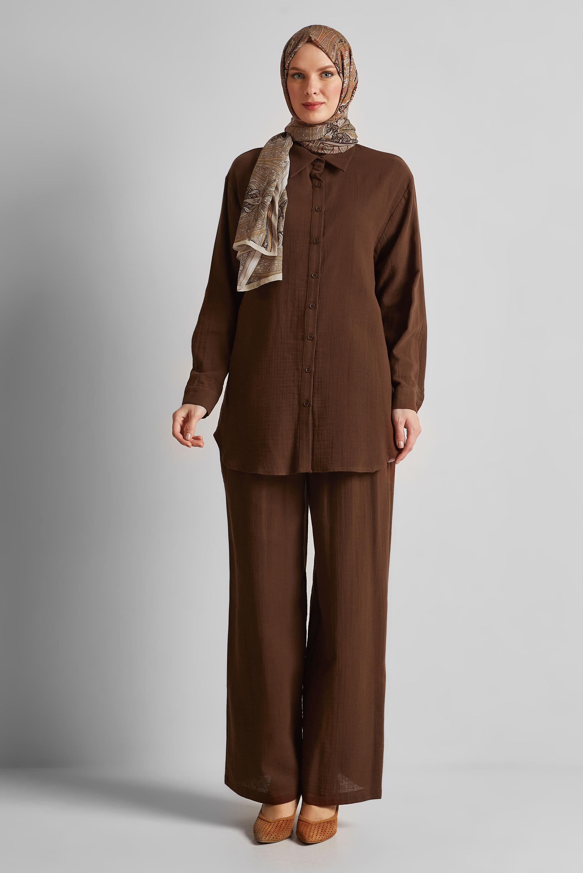 Tesettür giyim KAHVE PANTOLONLU MÜSLİN TAKIM 44777