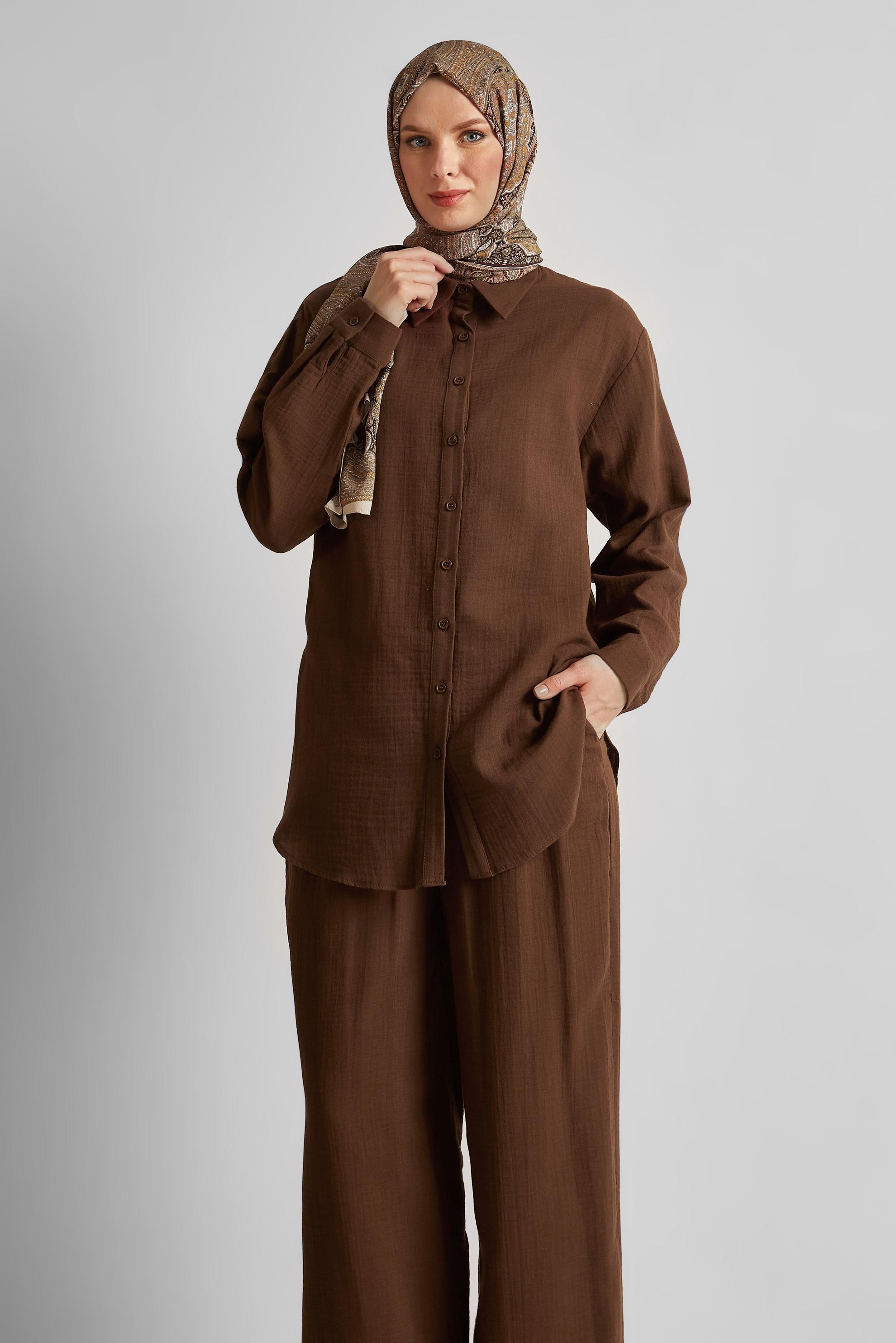 Tesettür giyim KAHVE PANTOLONLU MÜSLİN TAKIM 44777