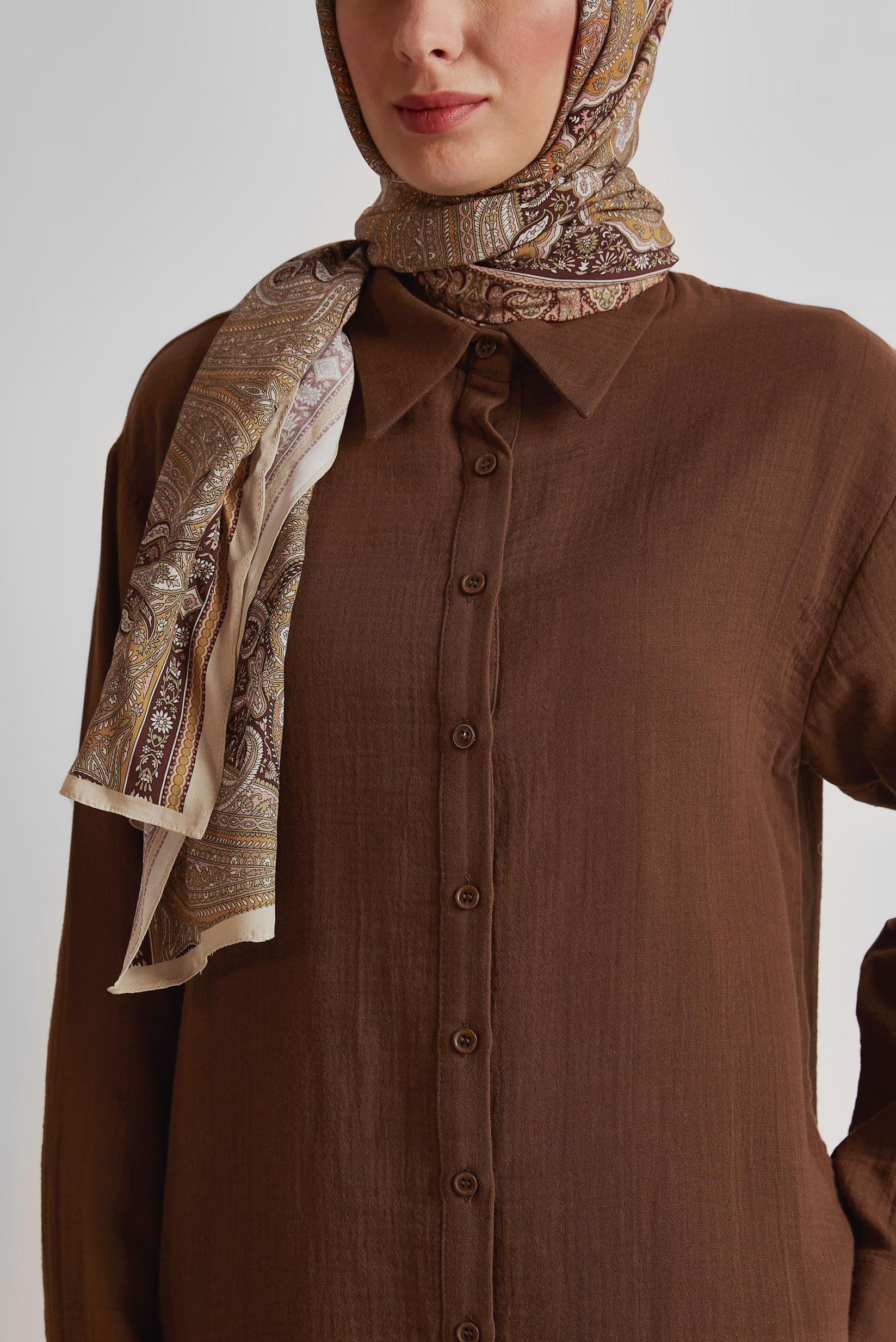 Tesettür giyim KAHVE PANTOLONLU MÜSLİN TAKIM 44777