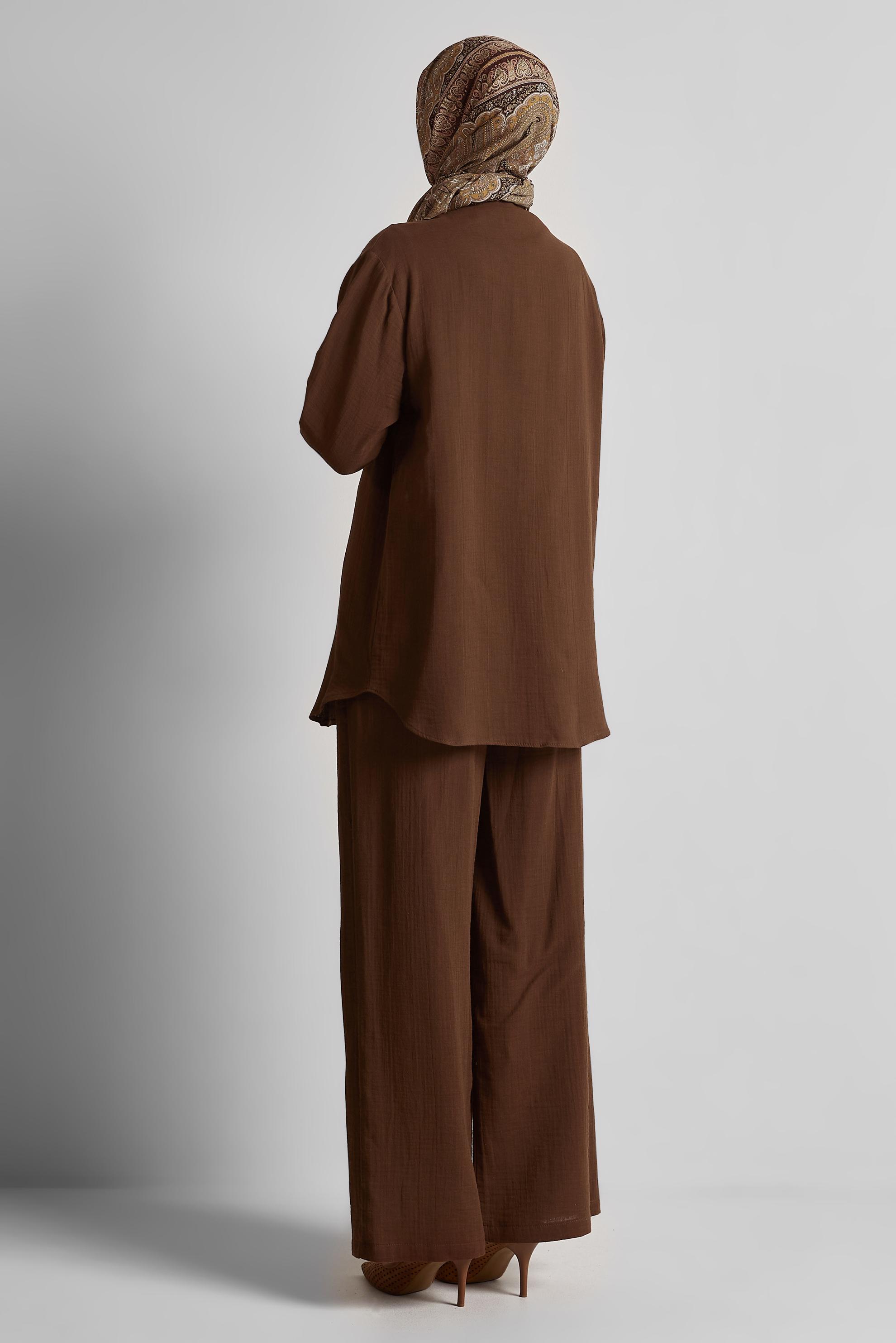 Tesettür giyim KAHVE PANTOLONLU MÜSLİN TAKIM 44777