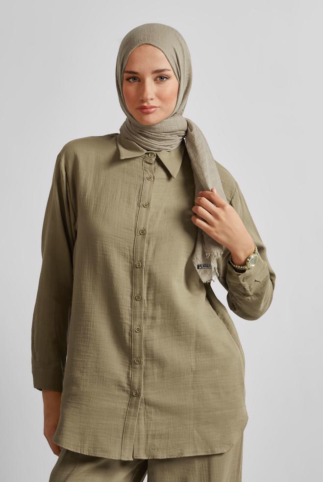 Tesettür giyim VİZON PANTOLONLU MÜSLİN TAKIM 44777 - ALVİNA