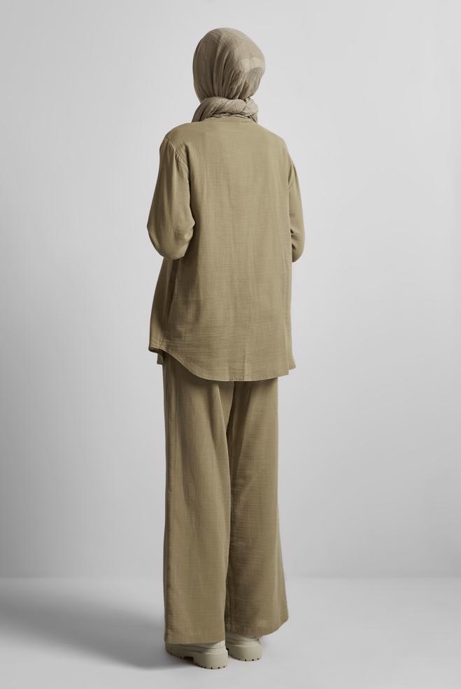 Tesettür giyim VİZON PANTOLONLU MÜSLİN TAKIM 44777 - ALVİNA