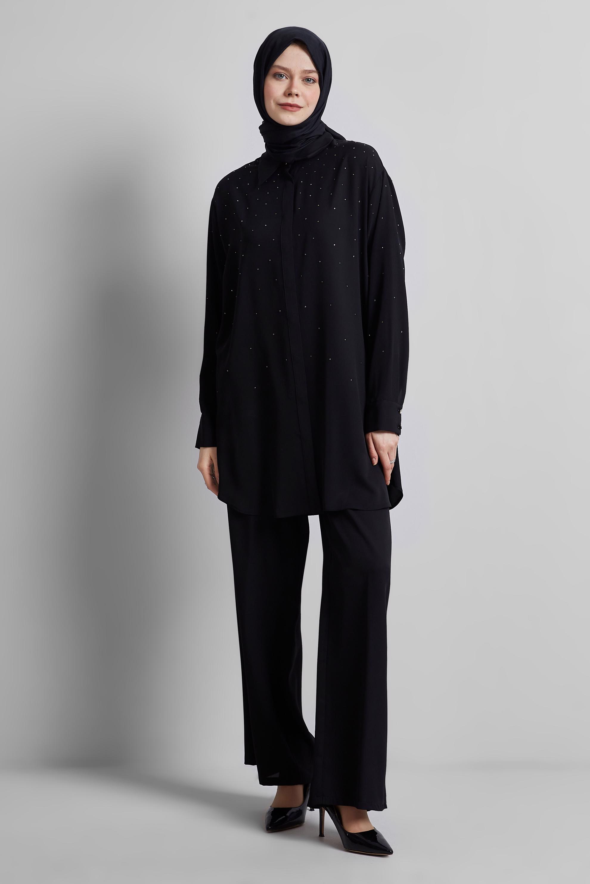 Tesettür giyim SİYAH GÖMLEK YAKA PANTOLONLU TAKIM 44797