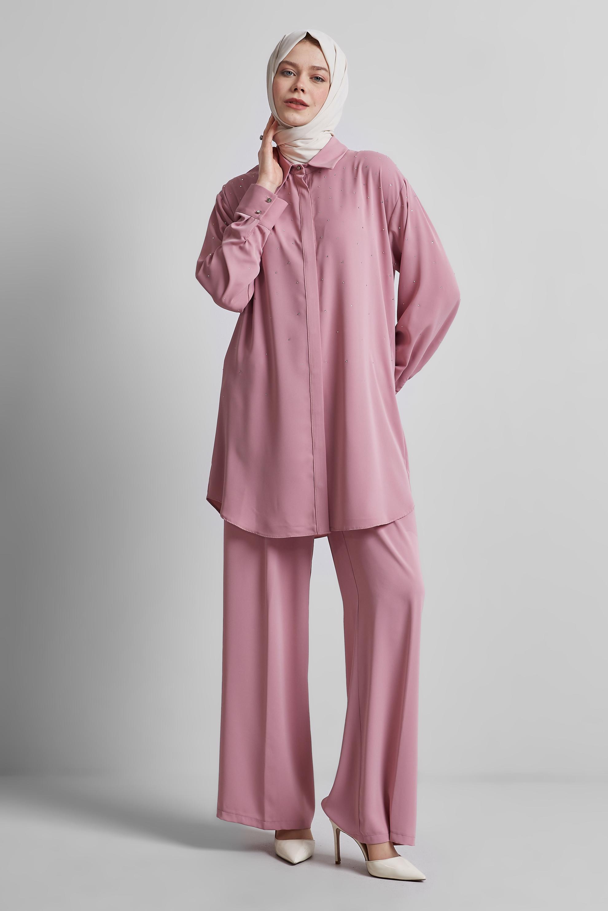 Tesettür giyim PUDRA GÖMLEK YAKA PANTOLONLU TAKIM 44797