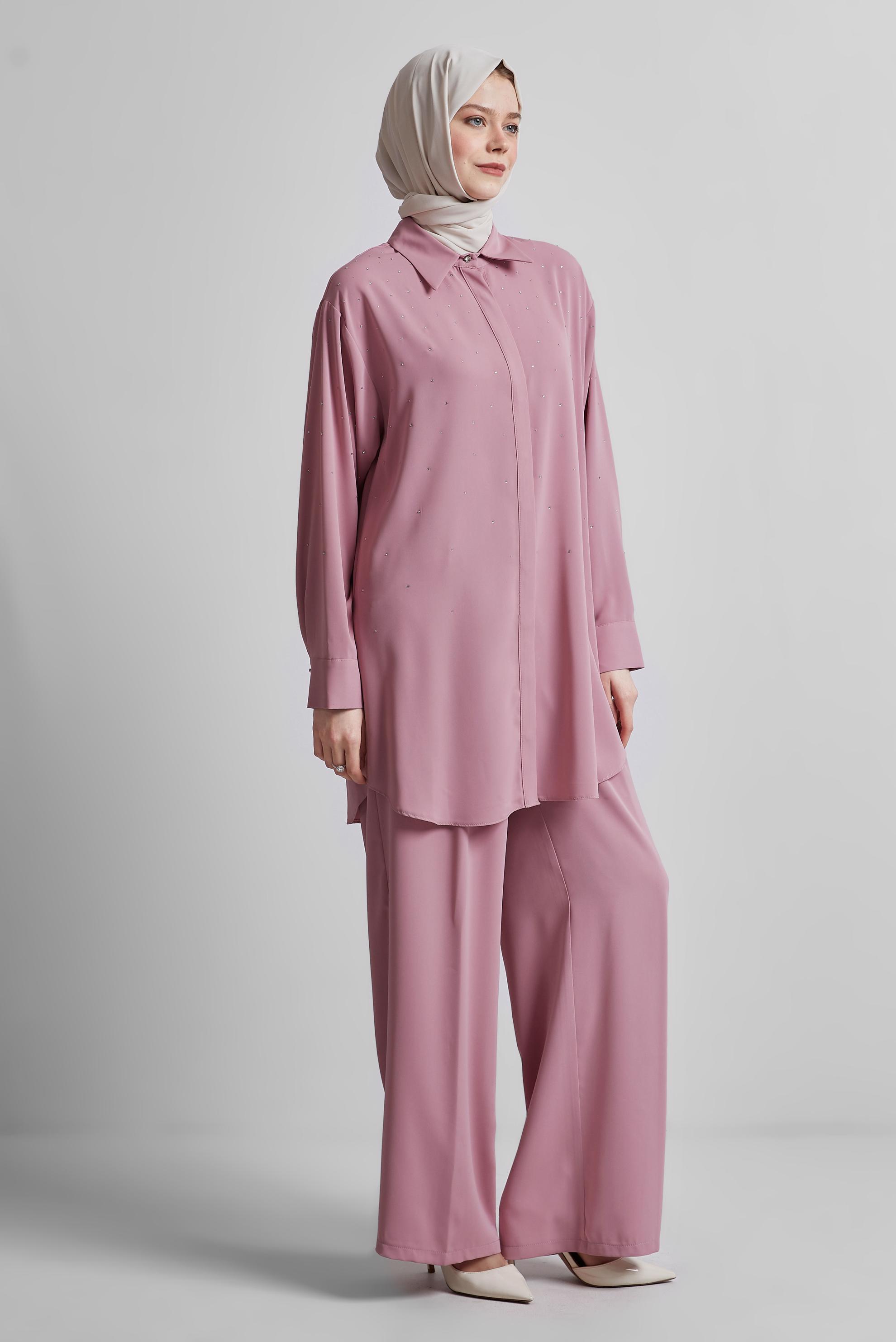 Tesettür giyim PUDRA GÖMLEK YAKA PANTOLONLU TAKIM 44797