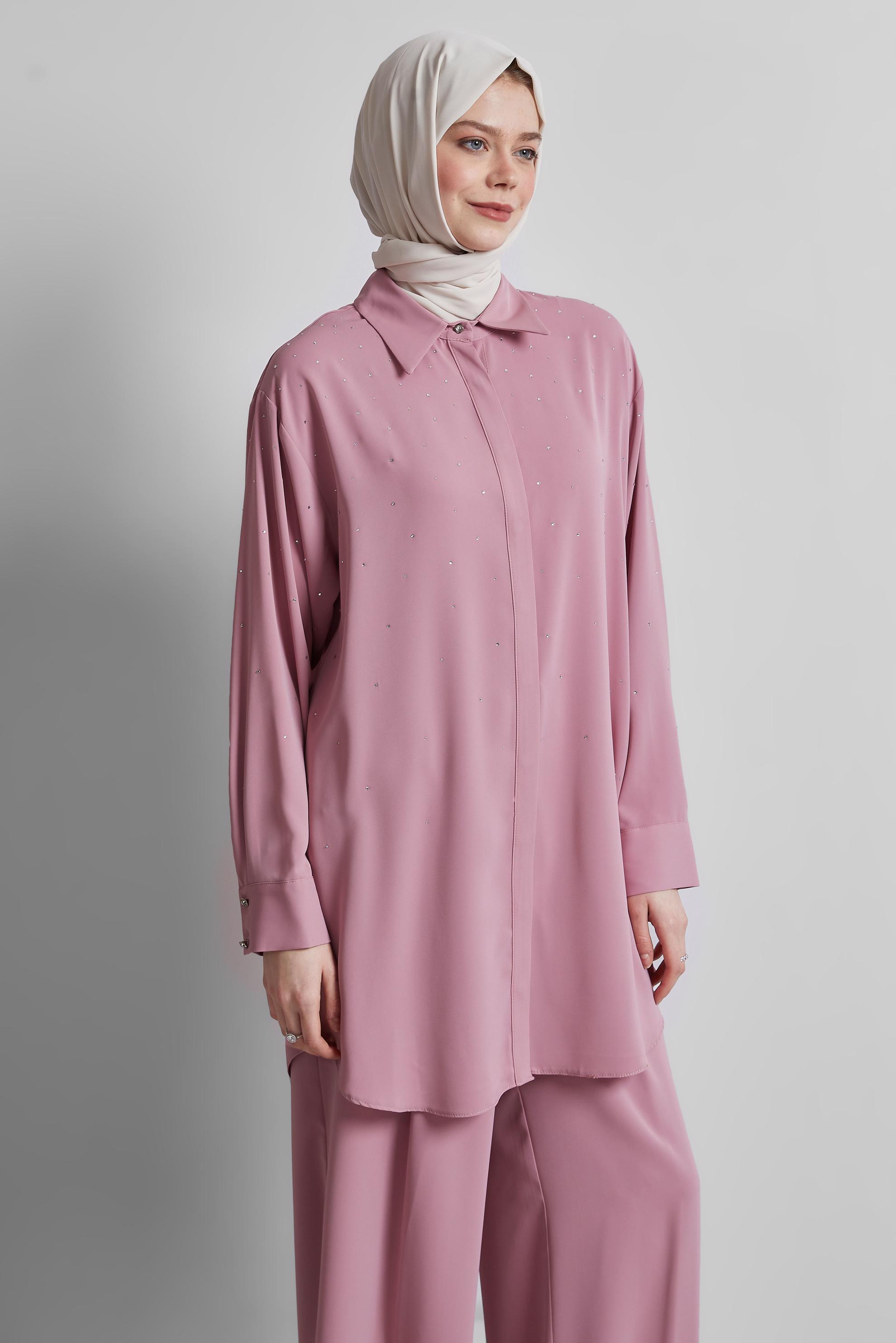 Tesettür giyim PUDRA GÖMLEK YAKA PANTOLONLU TAKIM 44797