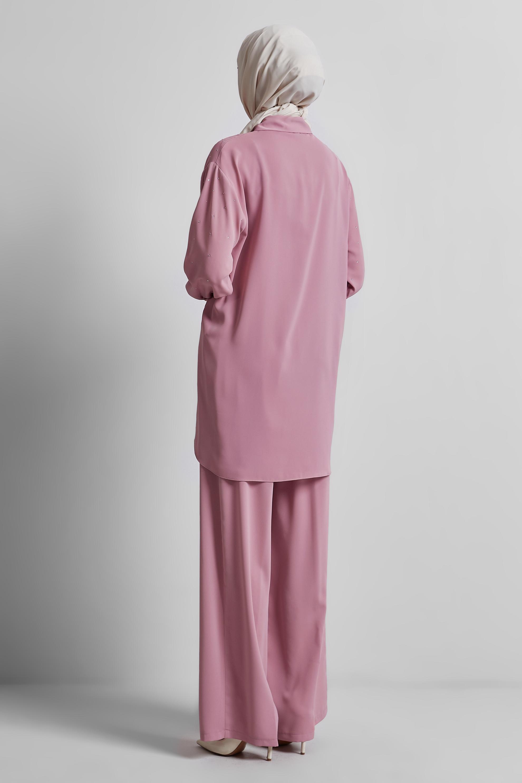Tesettür giyim PUDRA GÖMLEK YAKA PANTOLONLU TAKIM 44797
