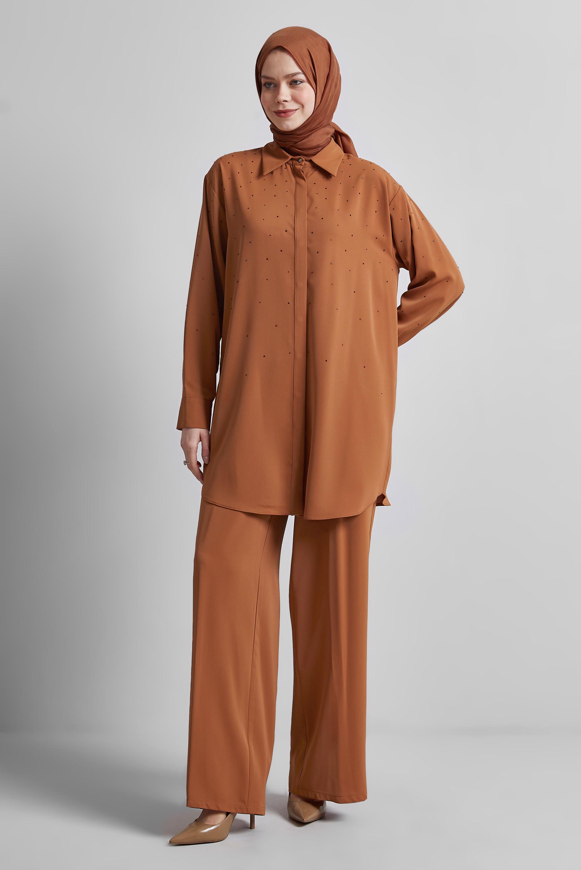 Tesettür giyim KAHVE GÖMLEK YAKA PANTOLONLU TAKIM 44797