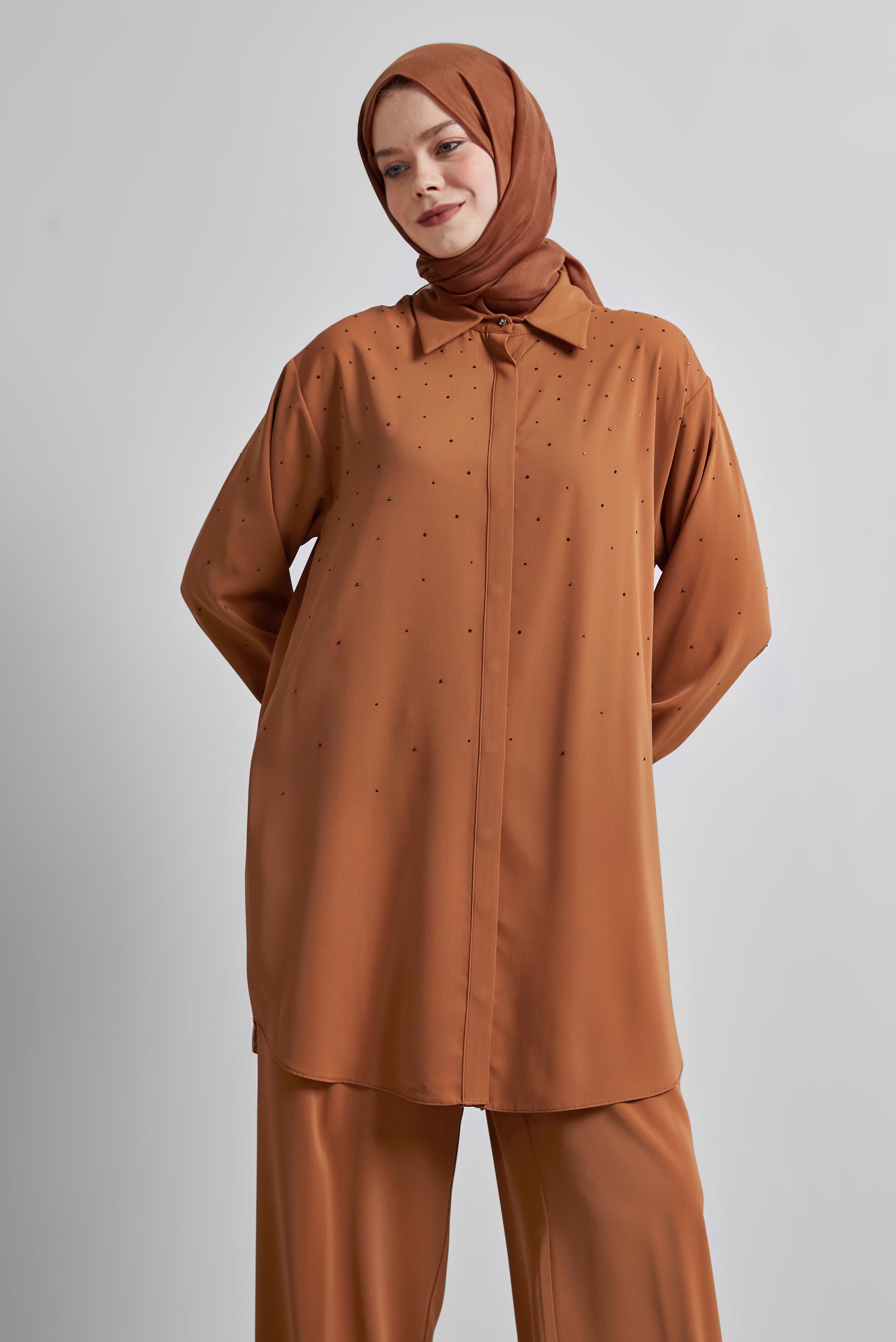 Tesettür giyim KAHVE GÖMLEK YAKA PANTOLONLU TAKIM 44797