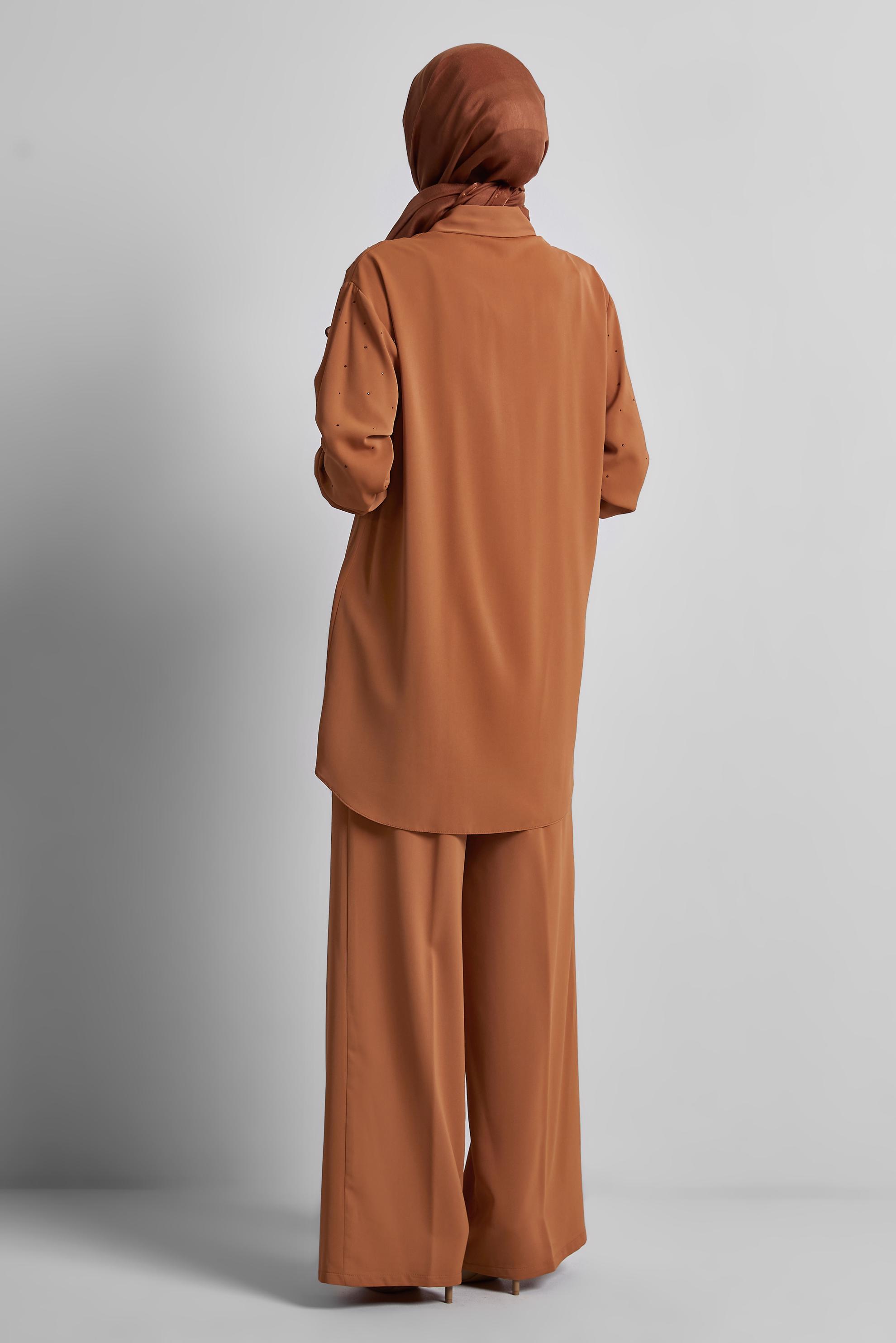 Tesettür giyim KAHVE GÖMLEK YAKA PANTOLONLU TAKIM 44797