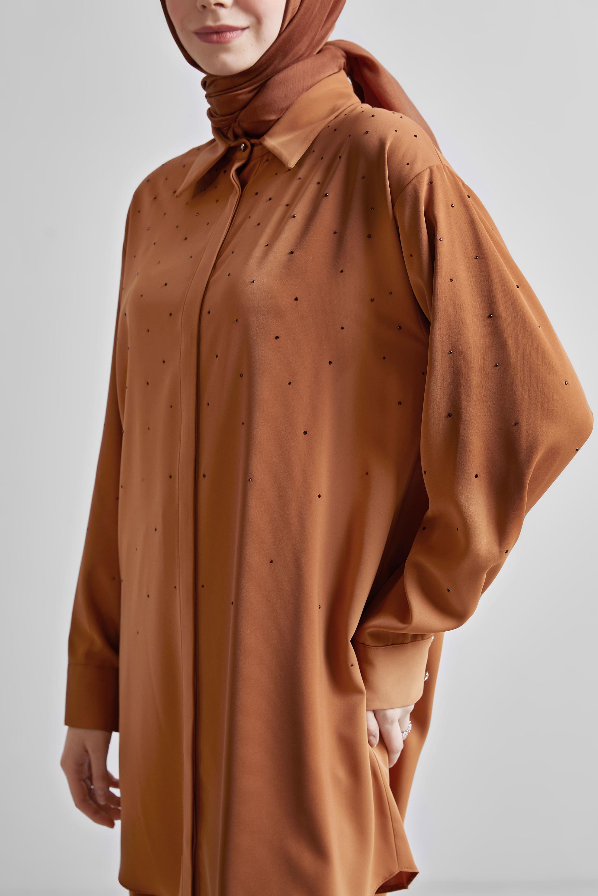 Tesettür giyim KAHVE GÖMLEK YAKA PANTOLONLU TAKIM 44797