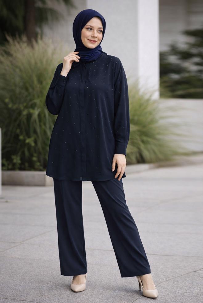 Hijab clothing NAVY BLUE 44797 SUMMER DUBAİ 2 Lİ PANT.TK.38-46 TEK 40 - ALVİNA