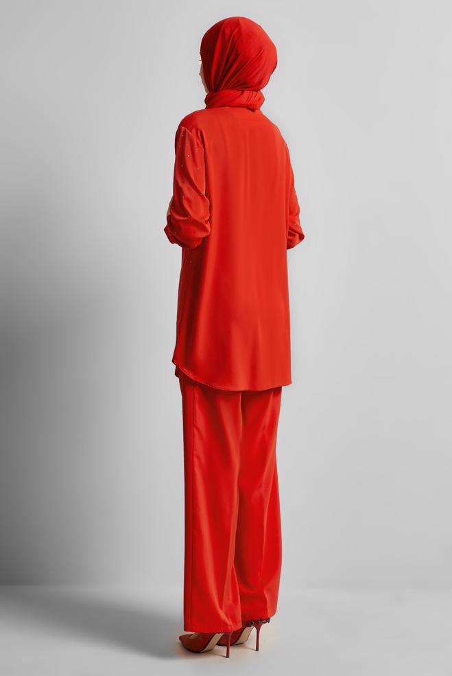 Tesettür giyim KIRMIZI GÖMLEK YAKA PANTOLONLU TAKIM 44797 - ALVİNA