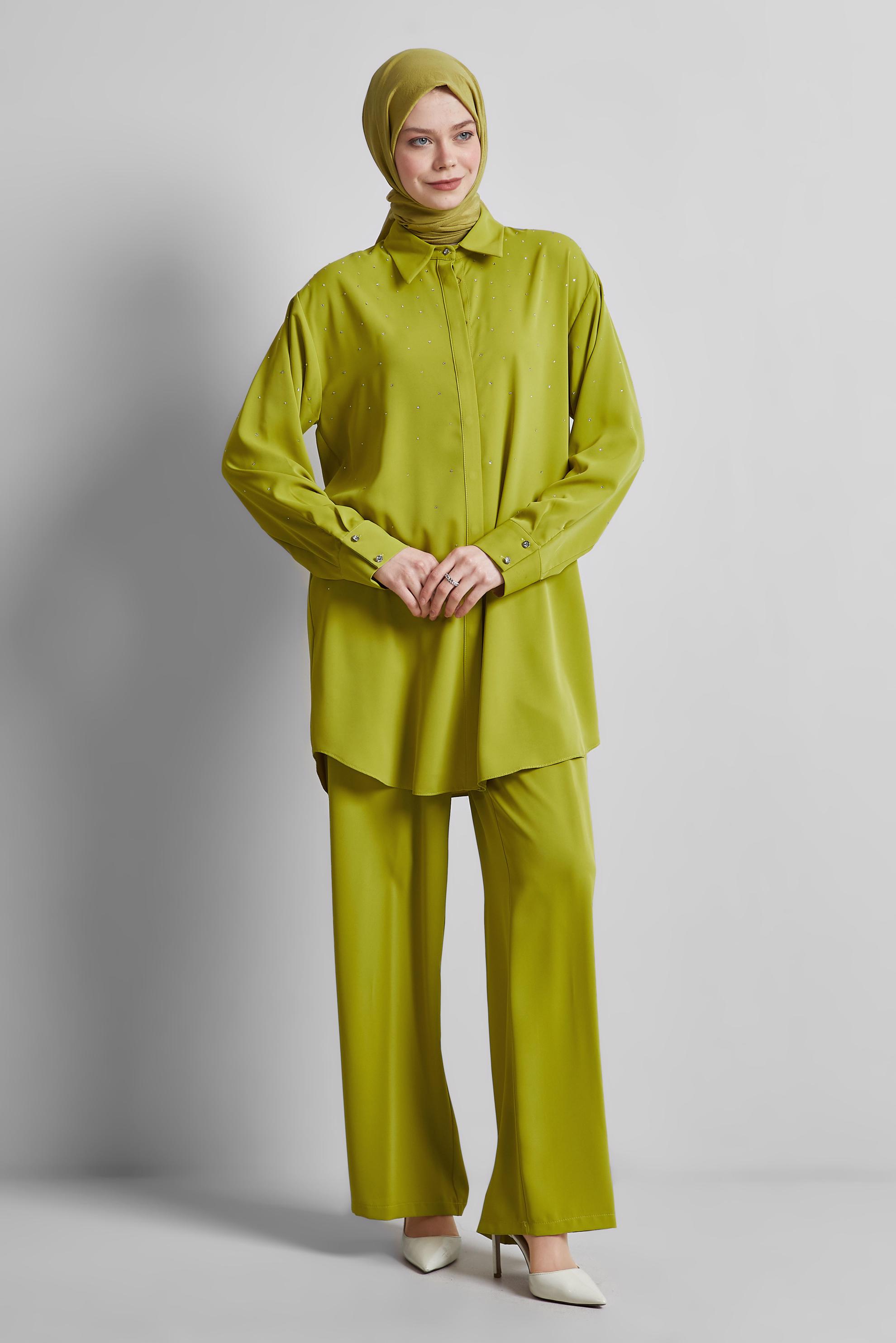 Tesettür giyim YEŞİL GÖMLEK YAKA PANTOLONLU TAKIM 44797