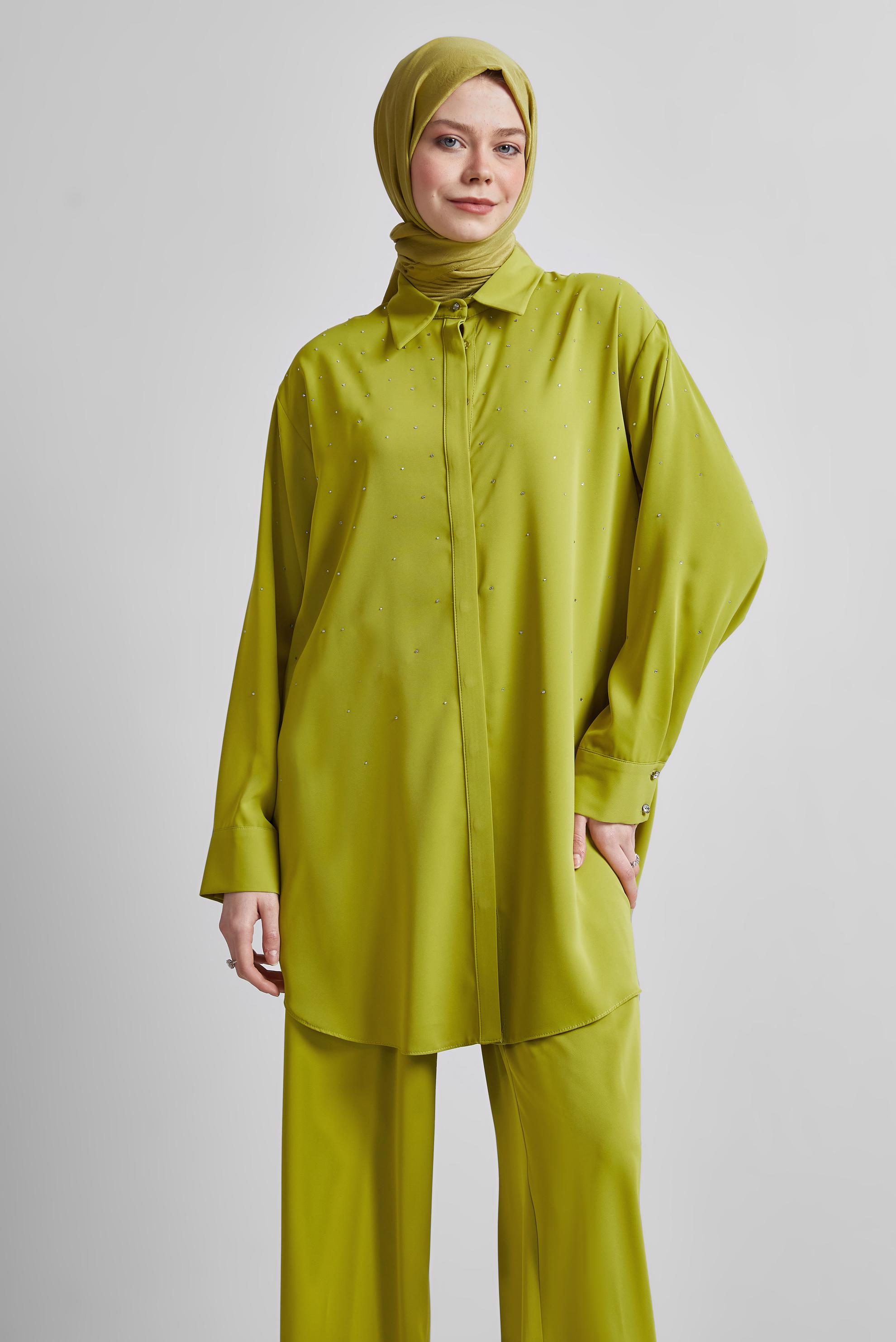 Tesettür giyim YEŞİL GÖMLEK YAKA PANTOLONLU TAKIM 44797