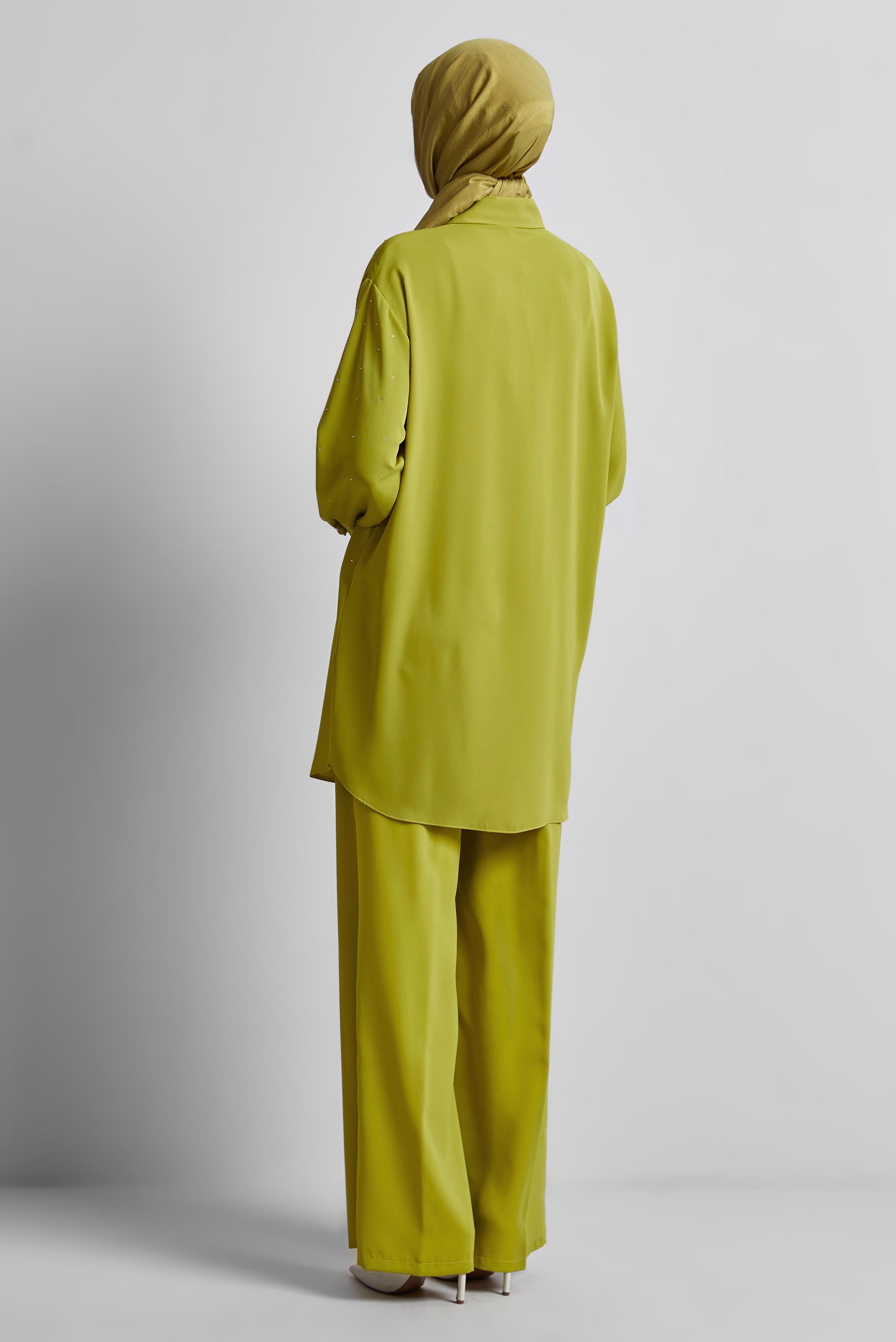 Tesettür giyim YEŞİL GÖMLEK YAKA PANTOLONLU TAKIM 44797