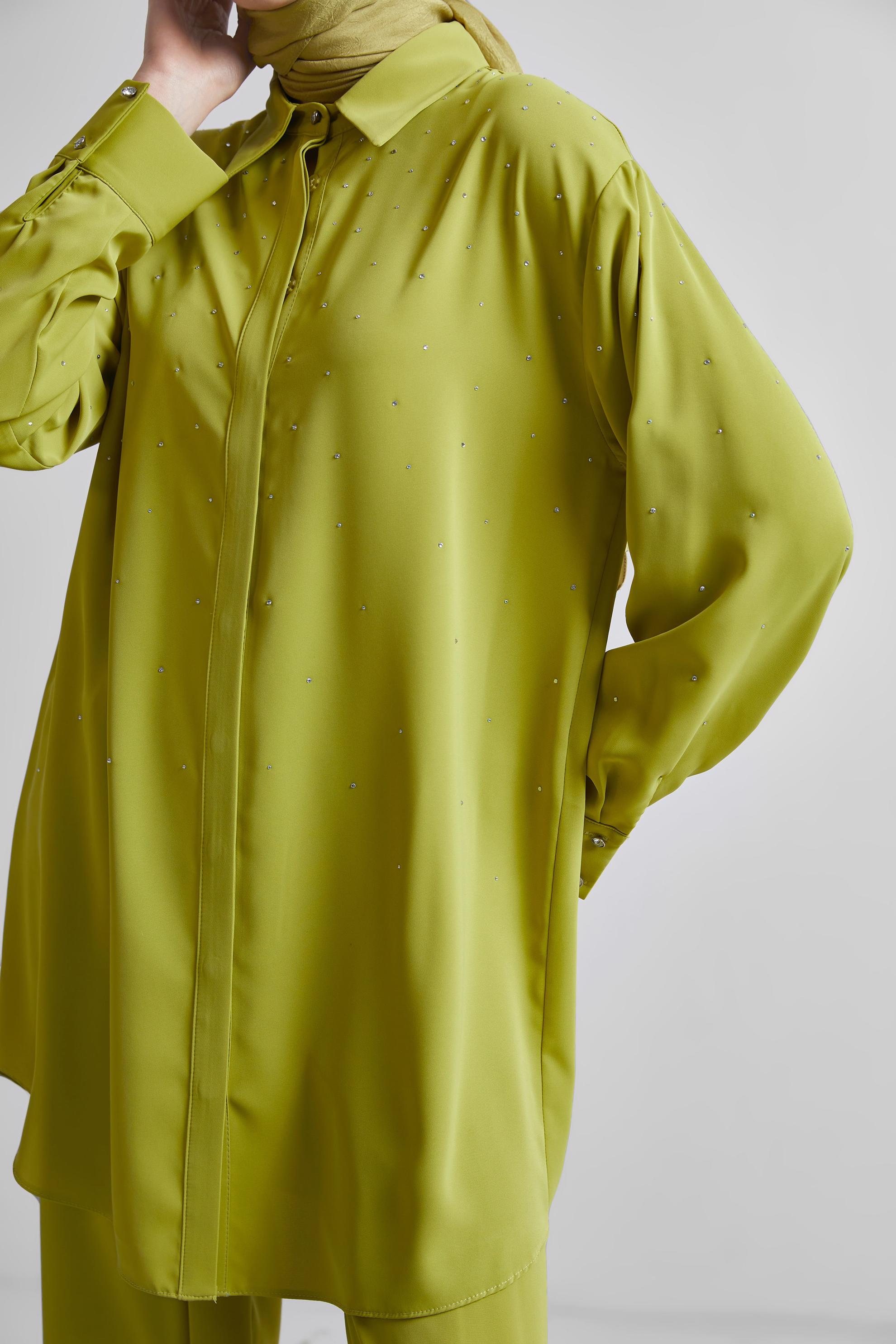 Tesettür giyim YEŞİL GÖMLEK YAKA PANTOLONLU TAKIM 44797