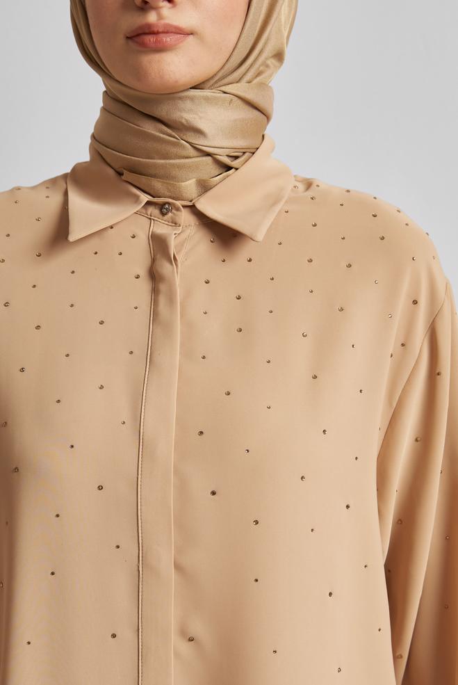 Tesettür giyim BEJ GÖMLEK YAKA PANTOLONLU TAKIM 44797 - ALVİNA