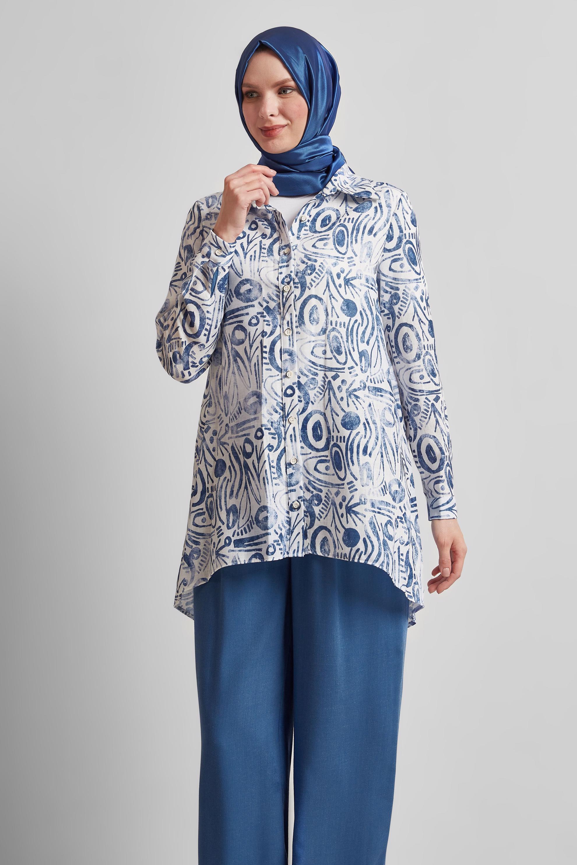 Tesettür giyim LACİVERT DESENLİ PANTOLONLU TAKIM 44813