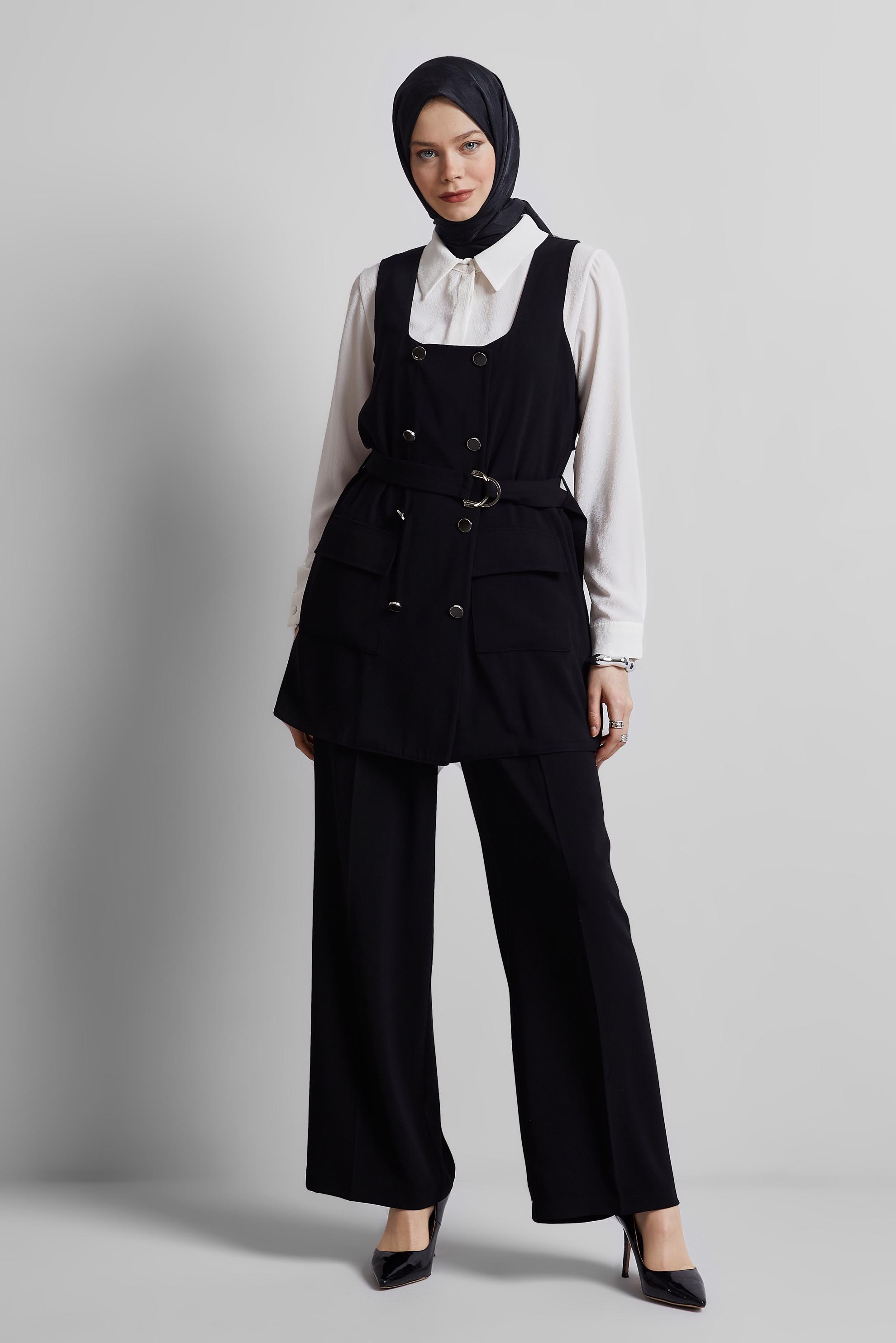 Tesettür giyim SİYAH PANTOLONLU YELEKLİ TAKIM 45337