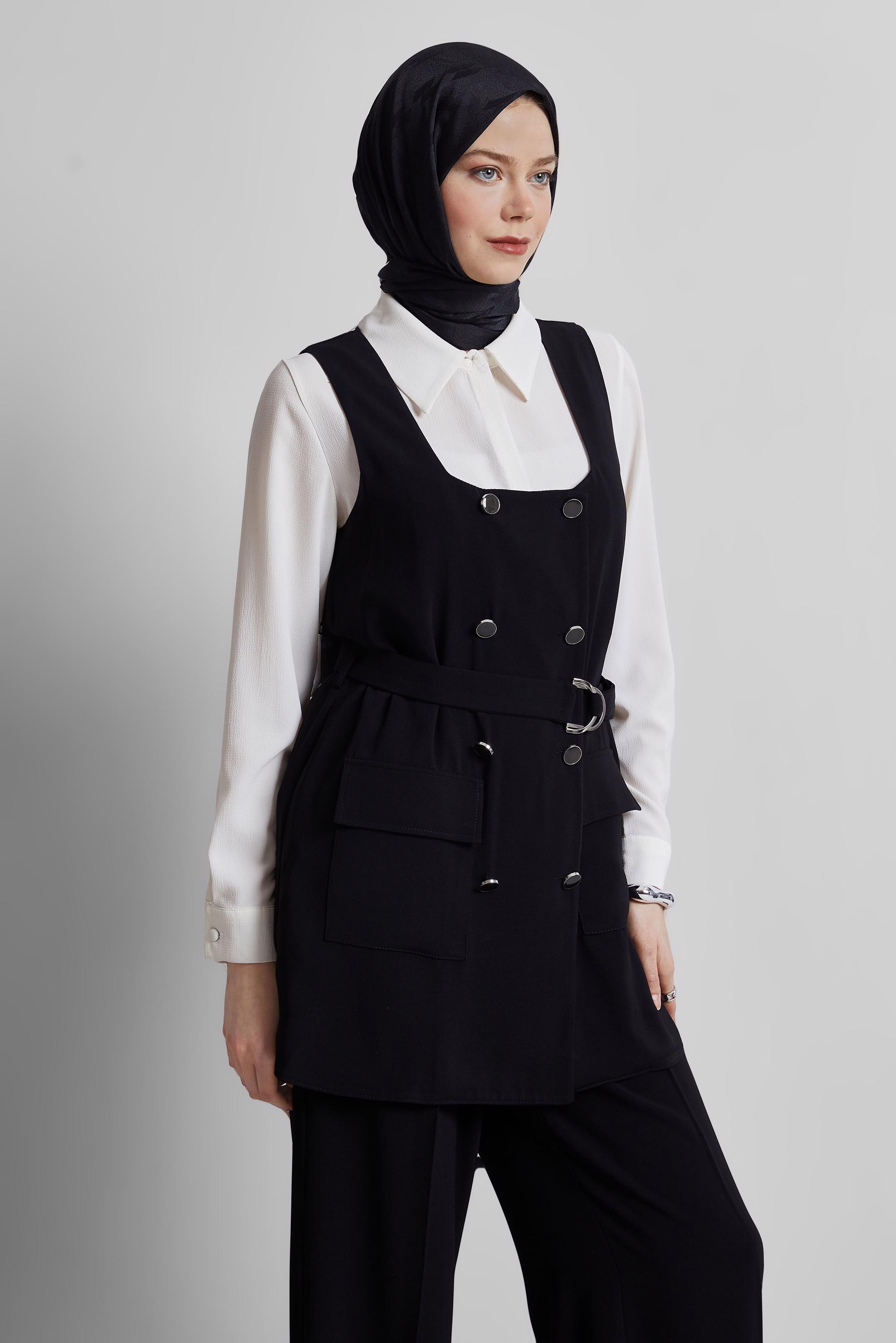 Tesettür giyim SİYAH PANTOLONLU YELEKLİ TAKIM 45337