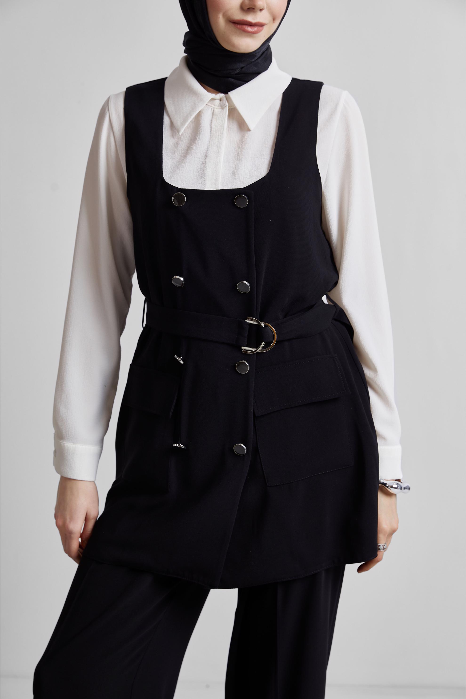 Tesettür giyim SİYAH PANTOLONLU YELEKLİ TAKIM 45337