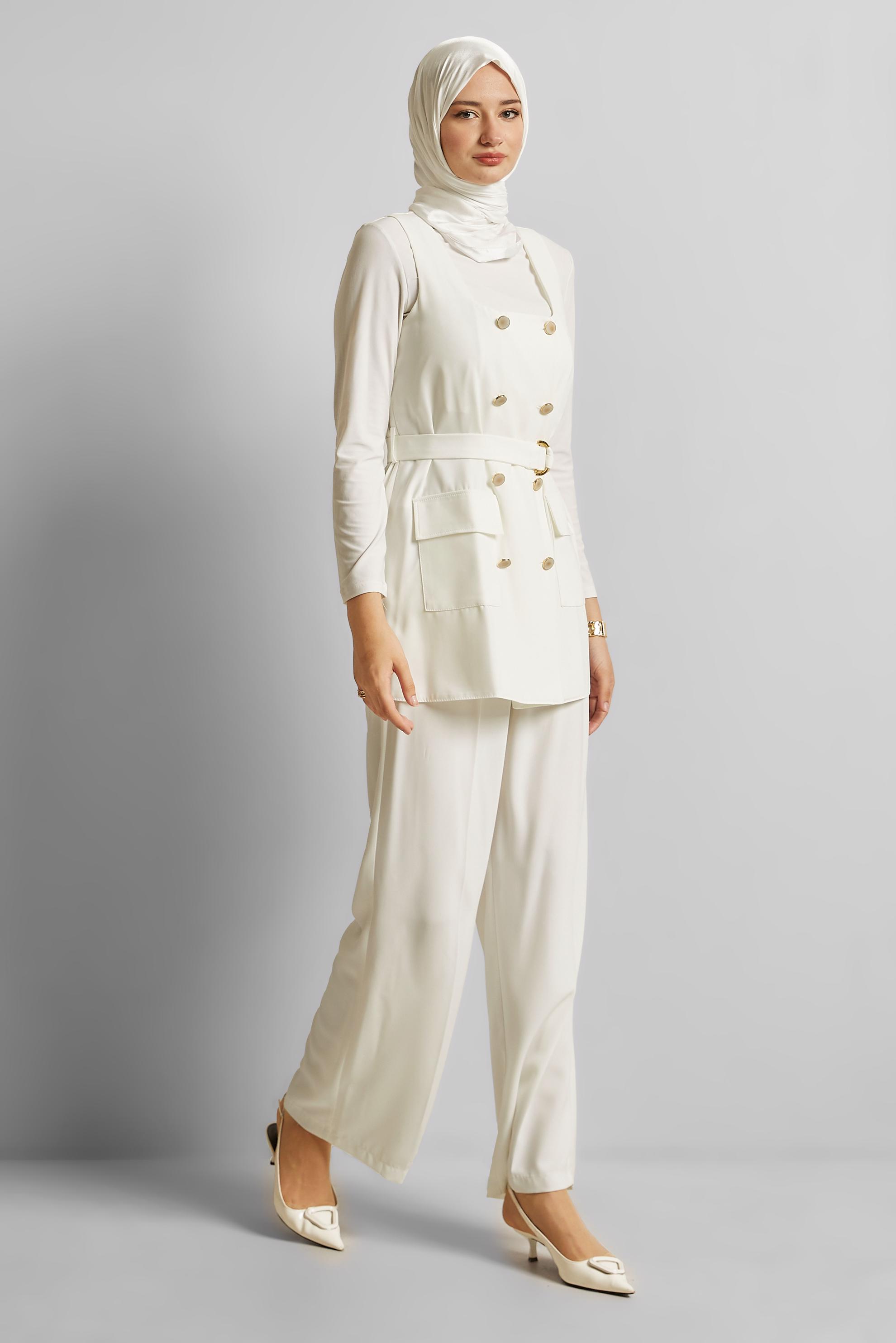 Tesettür giyim BEYAZ PANTOLONLU YELEKLİ TAKIM 45337