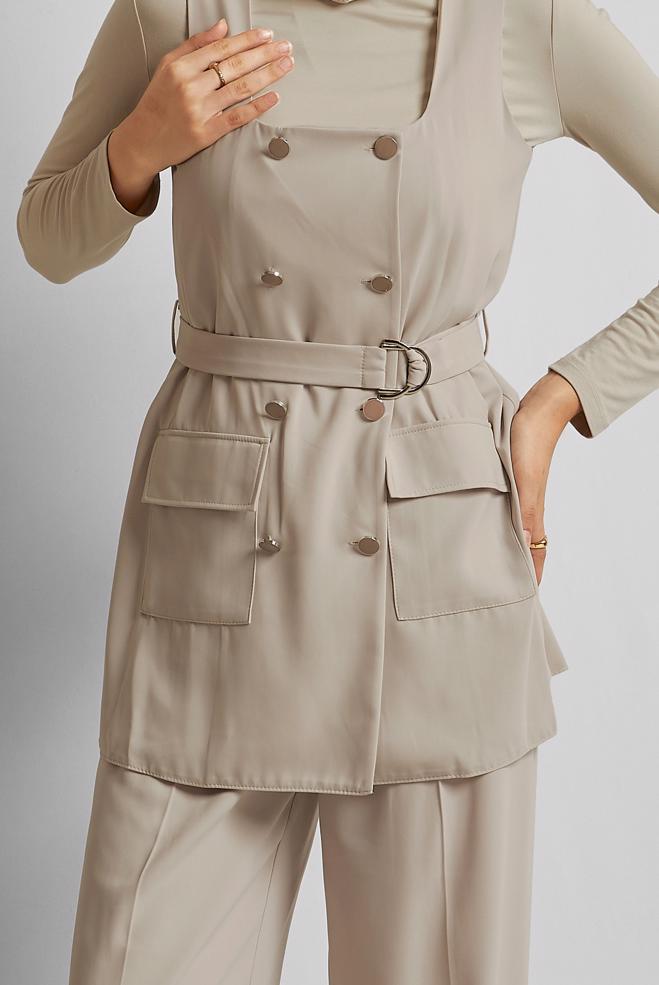 Tesettür giyim BEJ PANTOLONLU YELEKLİ TAKIM 45337 - ALVİNA