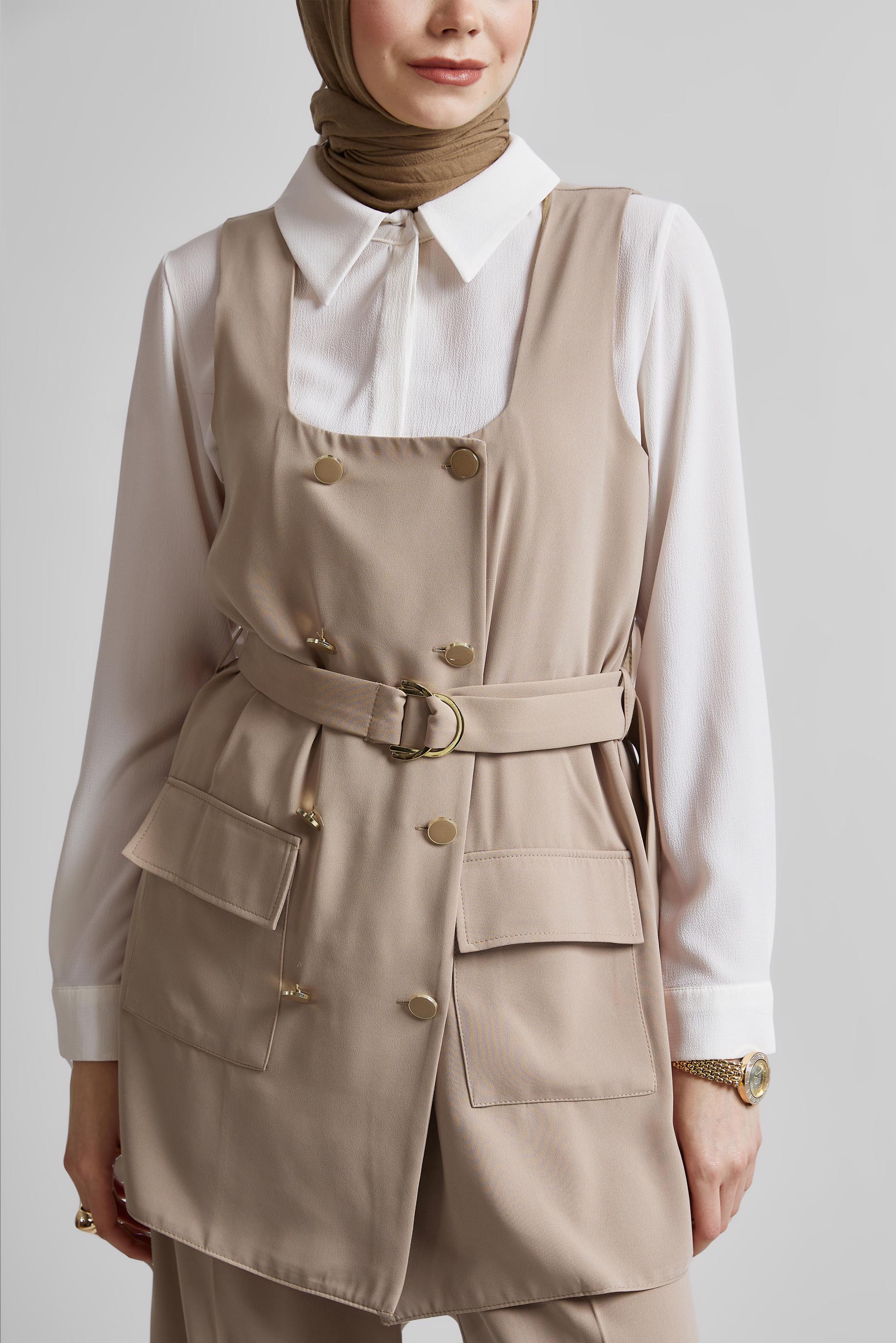 Tesettür giyim PUDRA PANTOLONLU YELEKLİ TAKIM 45337