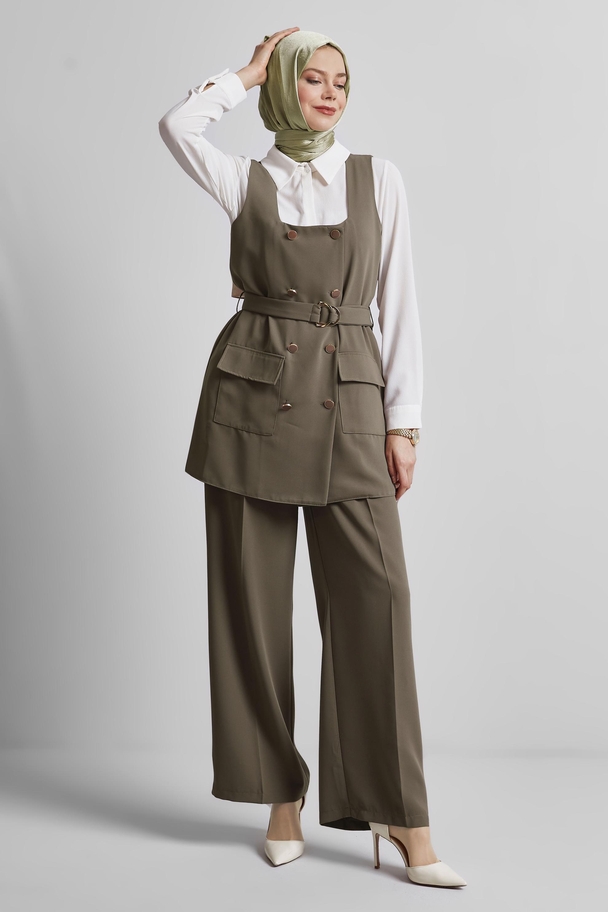Tesettür giyim VİZON PANTOLONLU YELEKLİ TAKIM 45337