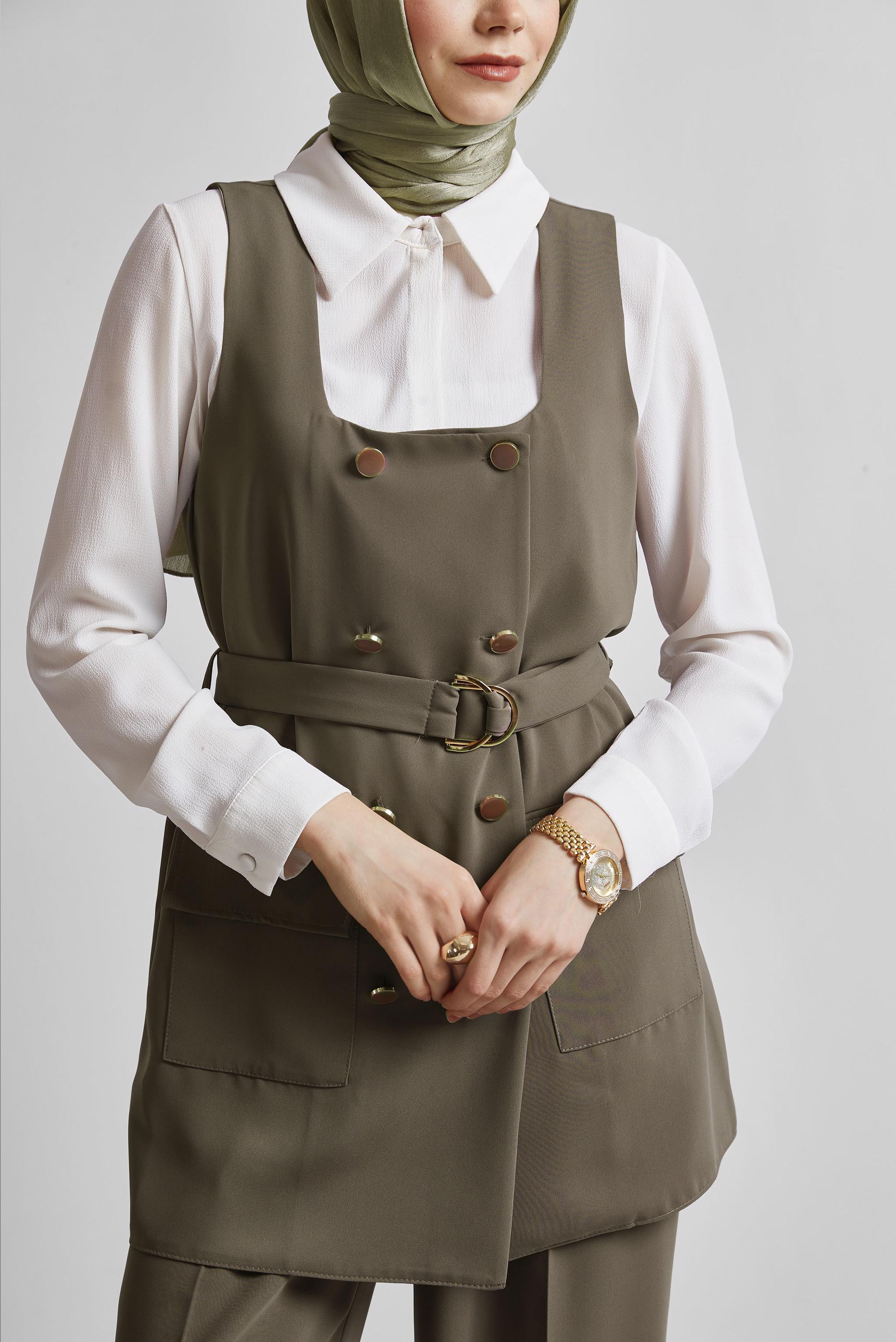 Tesettür giyim VİZON PANTOLONLU YELEKLİ TAKIM 45337