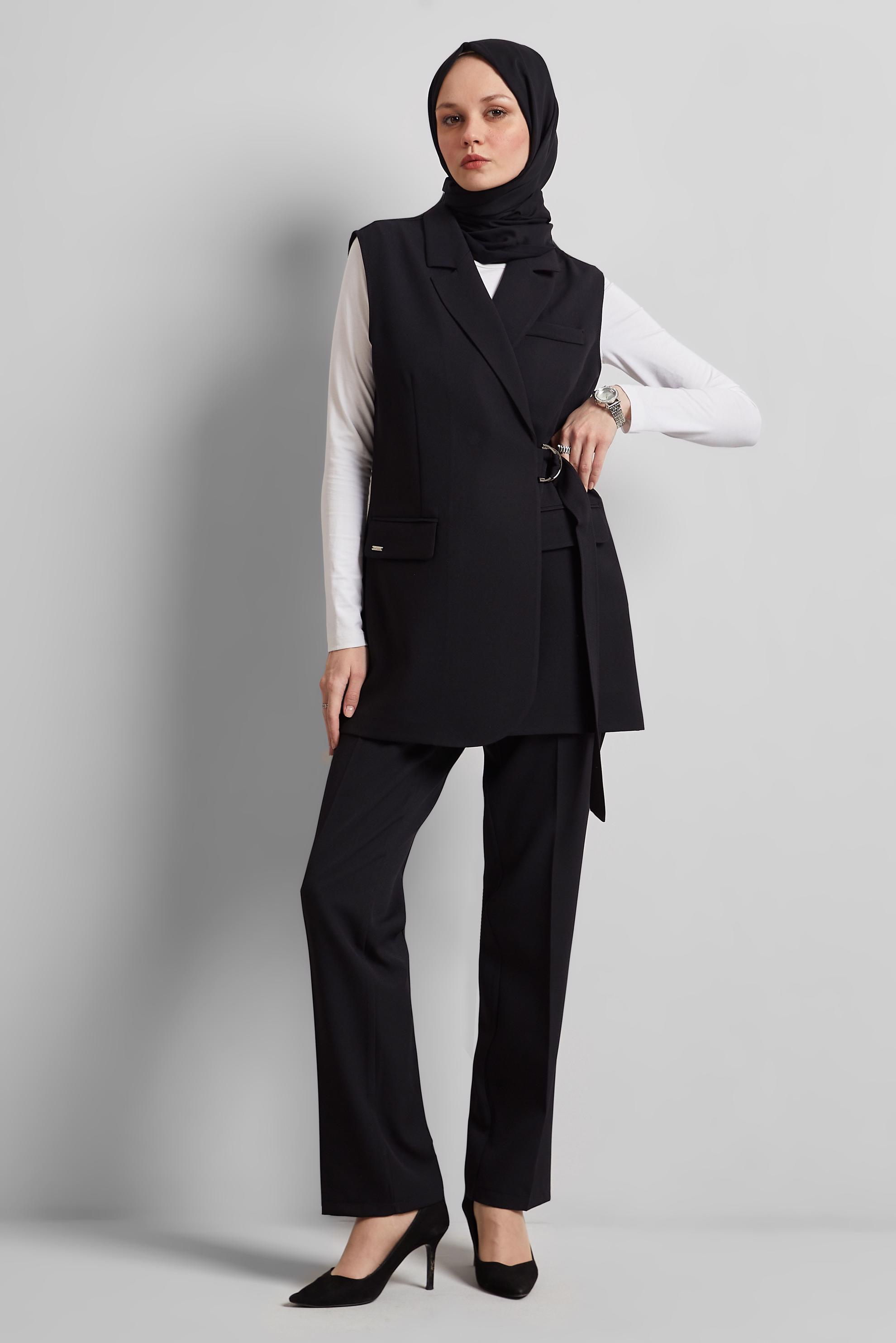 Tesettür giyim SİYAH YELEKLİ PANTOLONLU TAKIM 45344