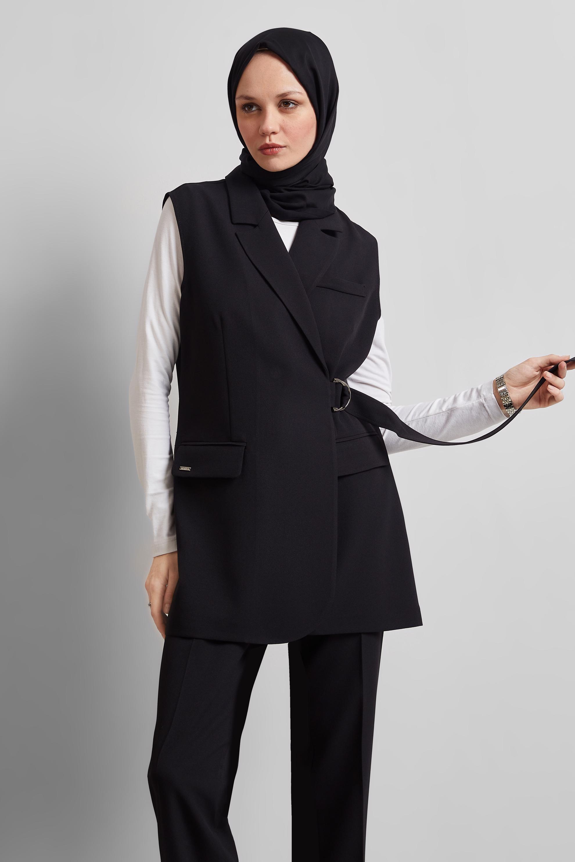 Tesettür giyim SİYAH YELEKLİ PANTOLONLU TAKIM 45344