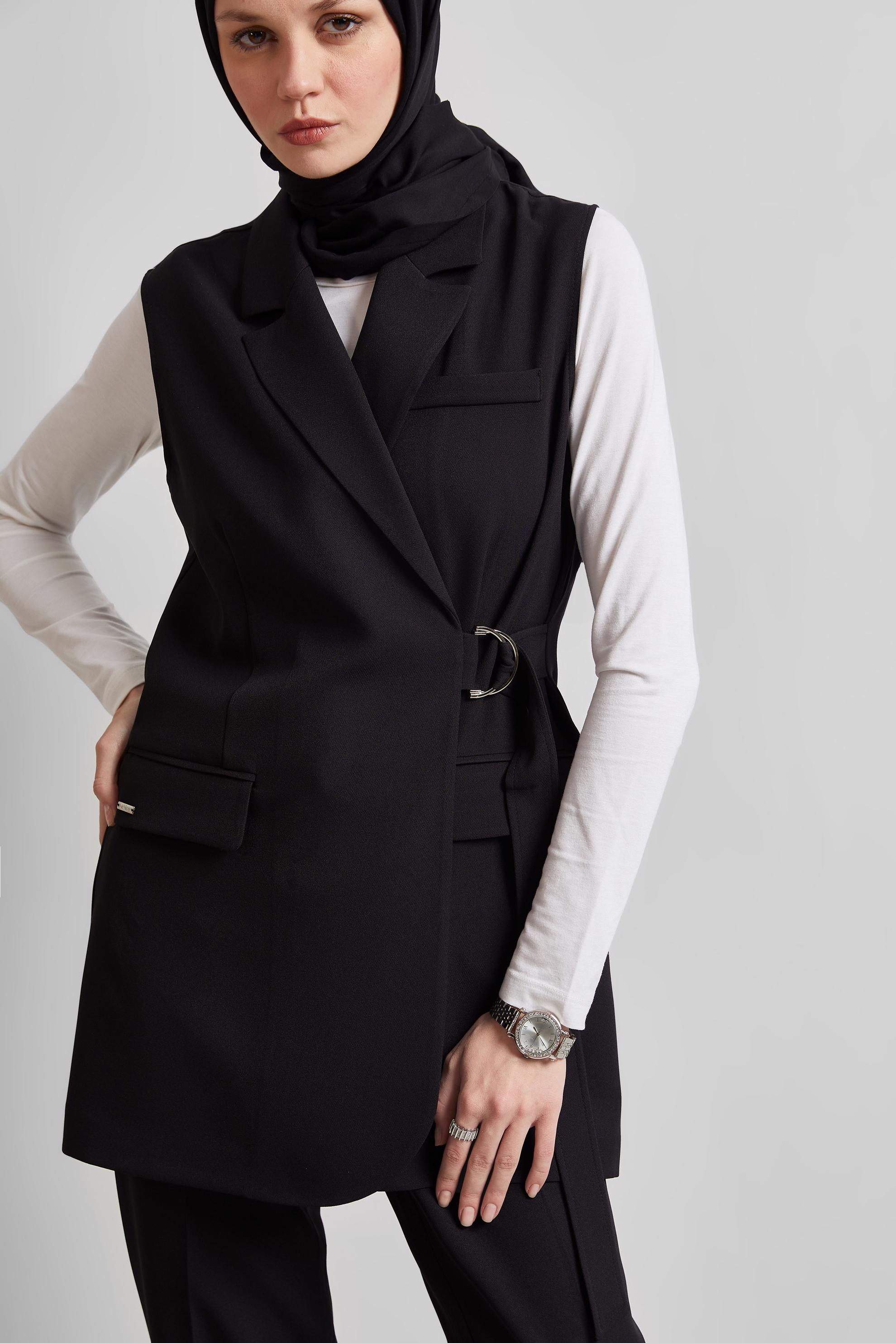 Tesettür giyim SİYAH YELEKLİ PANTOLONLU TAKIM 45344