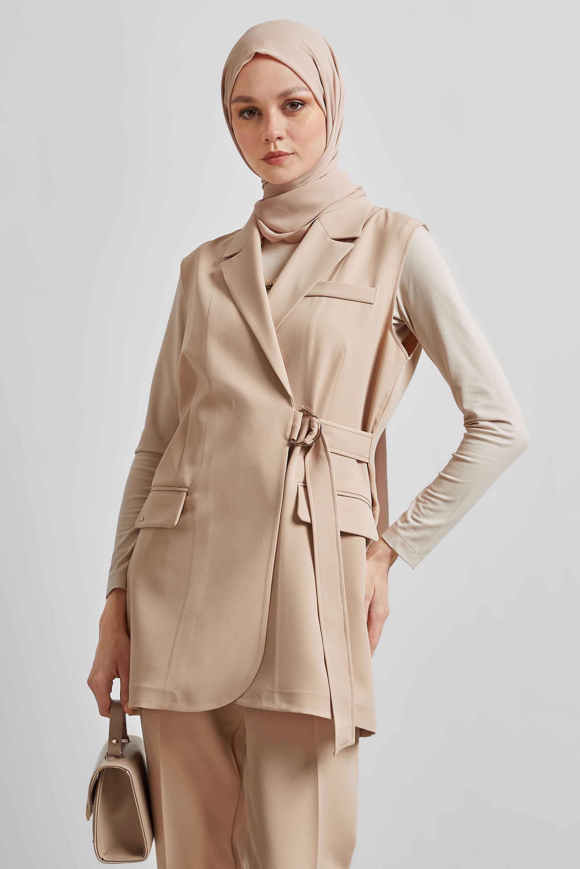 Tesettür giyim BEJ YELEKLİ PANTOLONLU TAKIM 45344